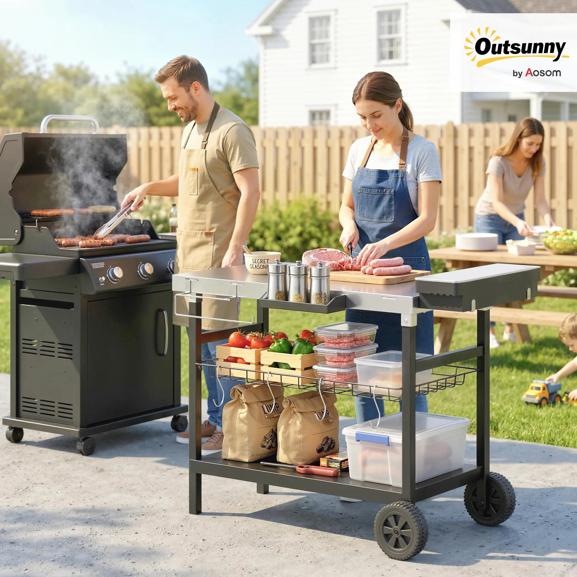 Outsunny Chariot Barbecue 3 Niveaux Inox avec Plan de Travail, Panier Amovible, Noir