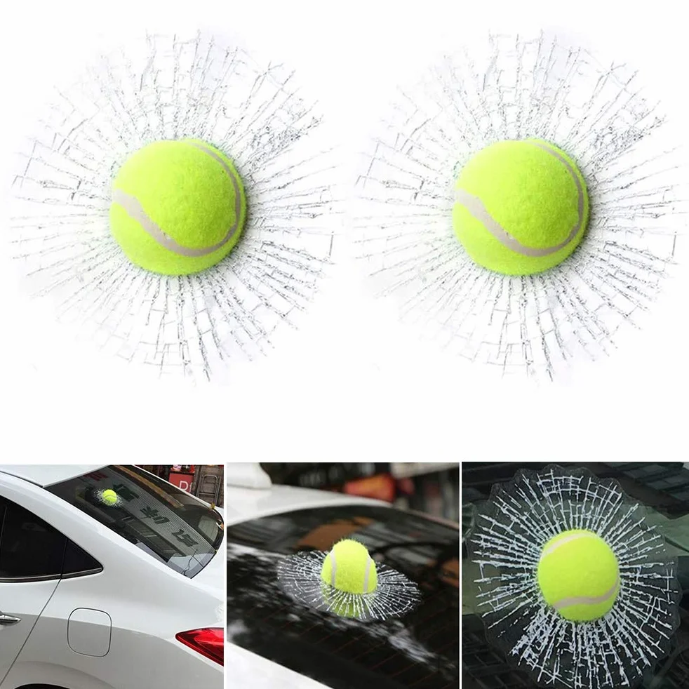 2pcs Verre Cracked Verre Autocollant 3D de Base-Ball de Verre brisé Autocollants Voiture drôle Autocollants Balle de Tennis Prank Stuff Verre concassé Autocollants