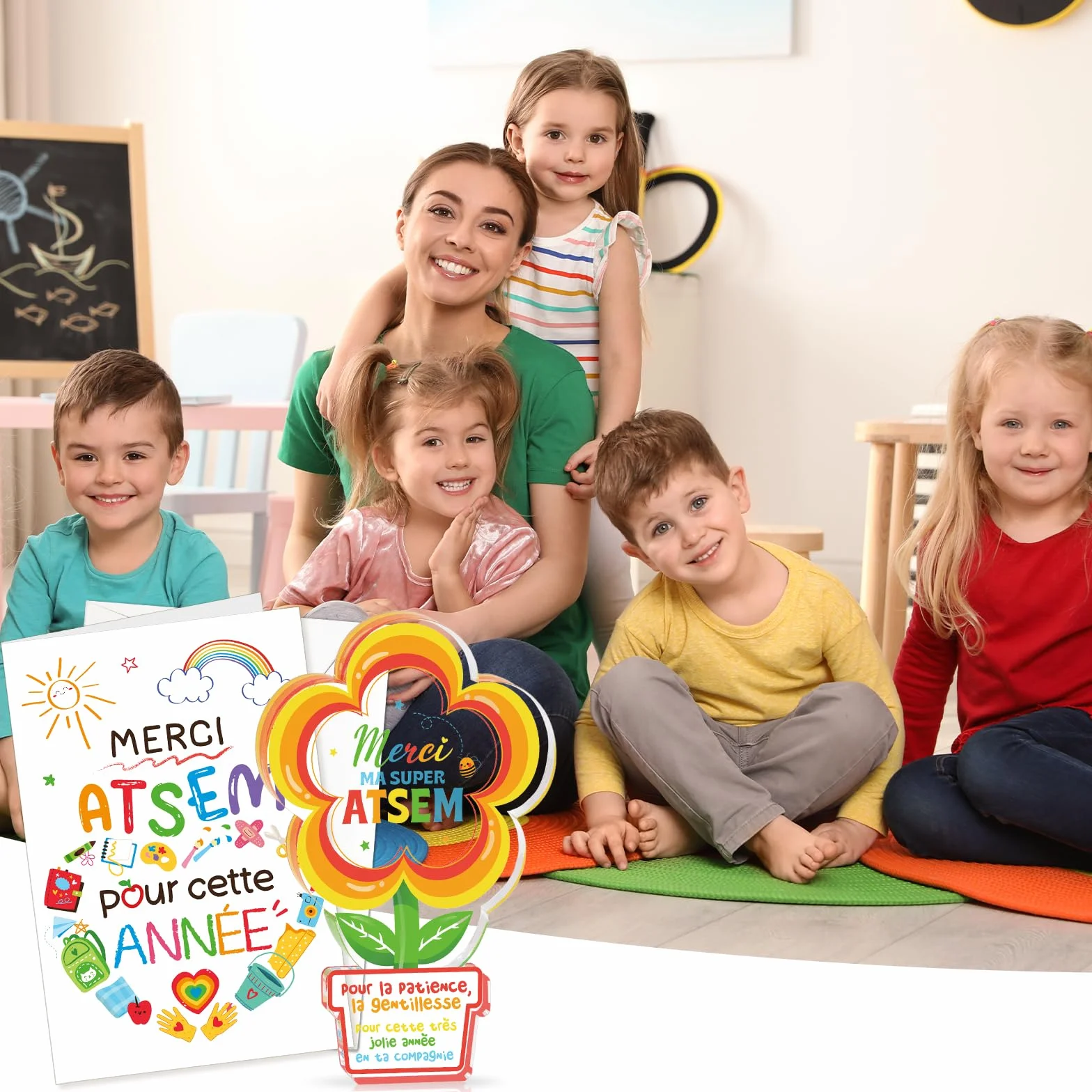Plaque Acrylique Cadeau Atsem Maternelle Fin d'Année Merci Décoration Fleur