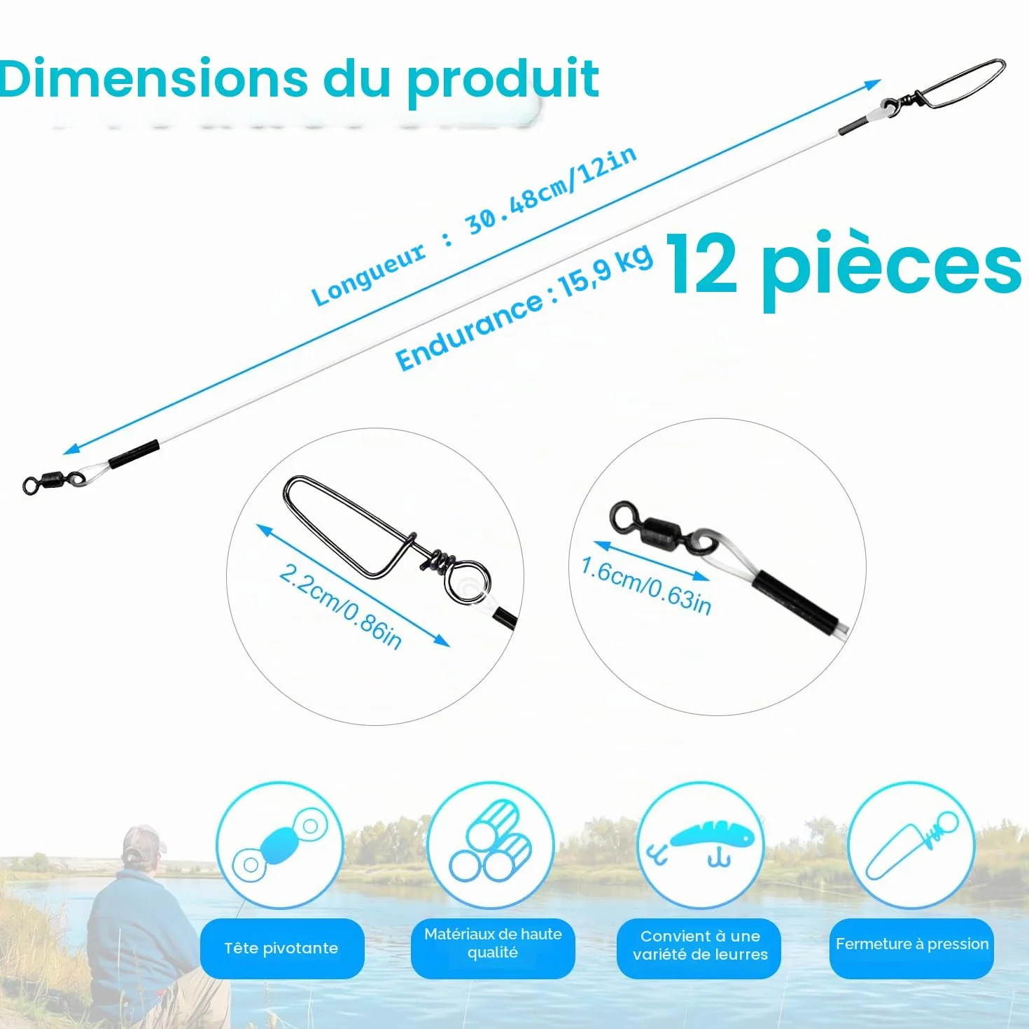 12 Pièce Bas de Ligne Fluorocarbone Bas de Ligne Carnassier avec Émerillon et Mousquetons Préinstallés Ils Permettent de Connecter Lignes Principale Leurres ou Hamecon Carpe en Eau Douce comme en Mer