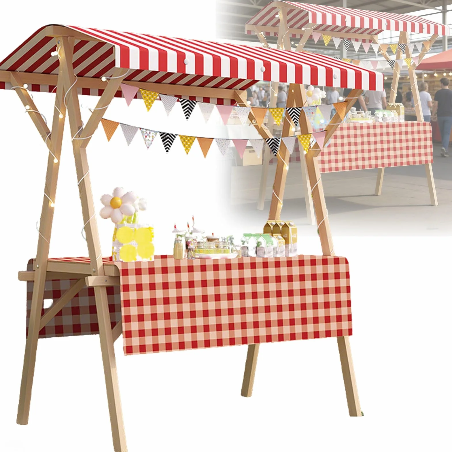 Chariot de Vente Mobile Pliable en Bois avec Auvent, Stand de Marché 120cm Rouge