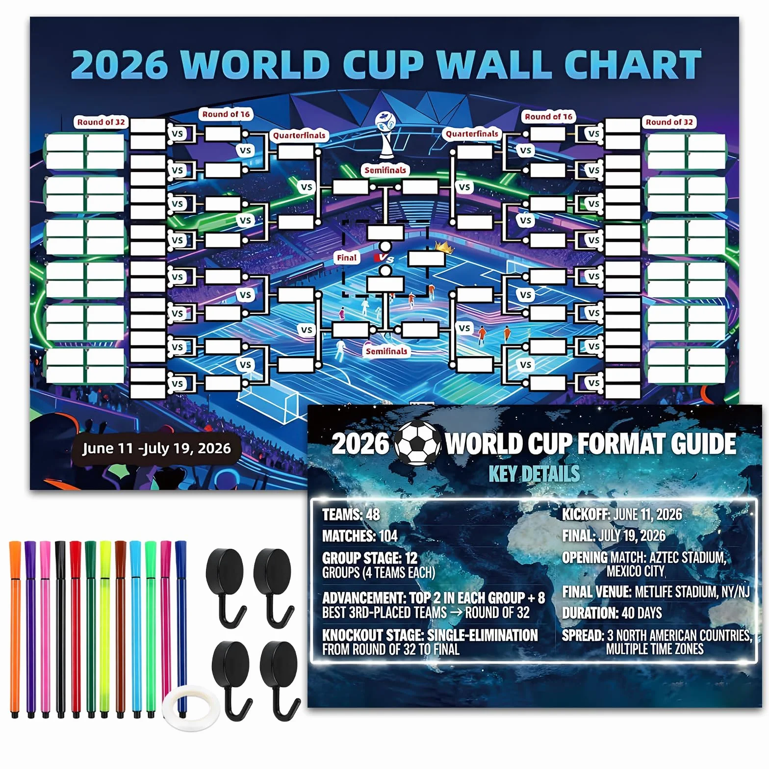 90 * 60cm Poster Coupe du monde de football 2026 Décoration pour fête de la Coupe du Monde Pour Les Fans De Football Et Faire La FêTe Crochets inclus