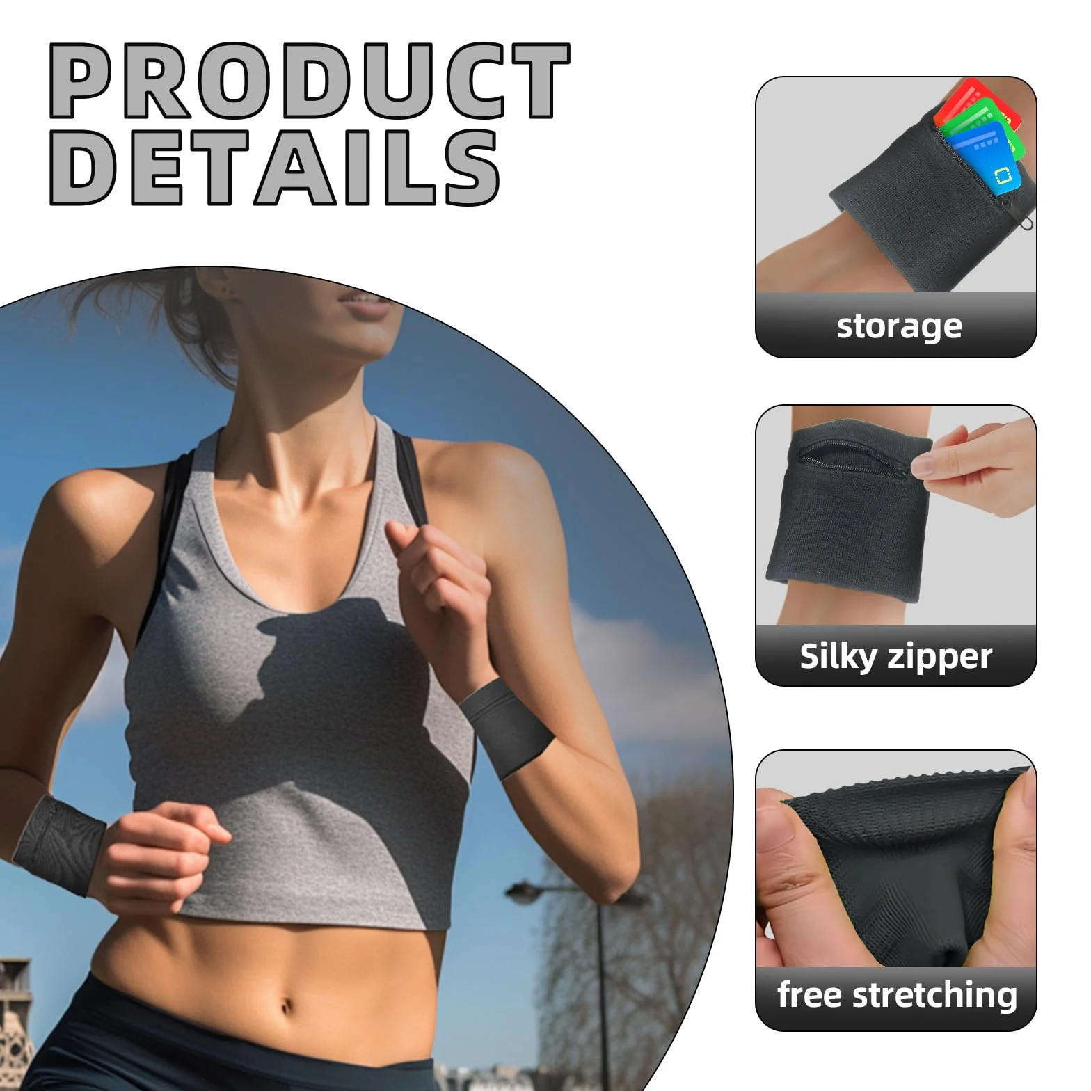 Pochette de Sport 4 Pièces avec Fermeture éclair, Bracelet Bandeau Poignet Poche Zippée Respirant pour Clé Monnaie Rangement Gym Randonnée