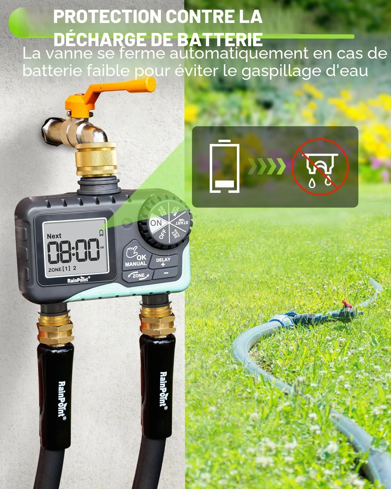 RAINPOINT Programmateur Arrosage 2 Voies Laiton IP65 Minuteur Automatique