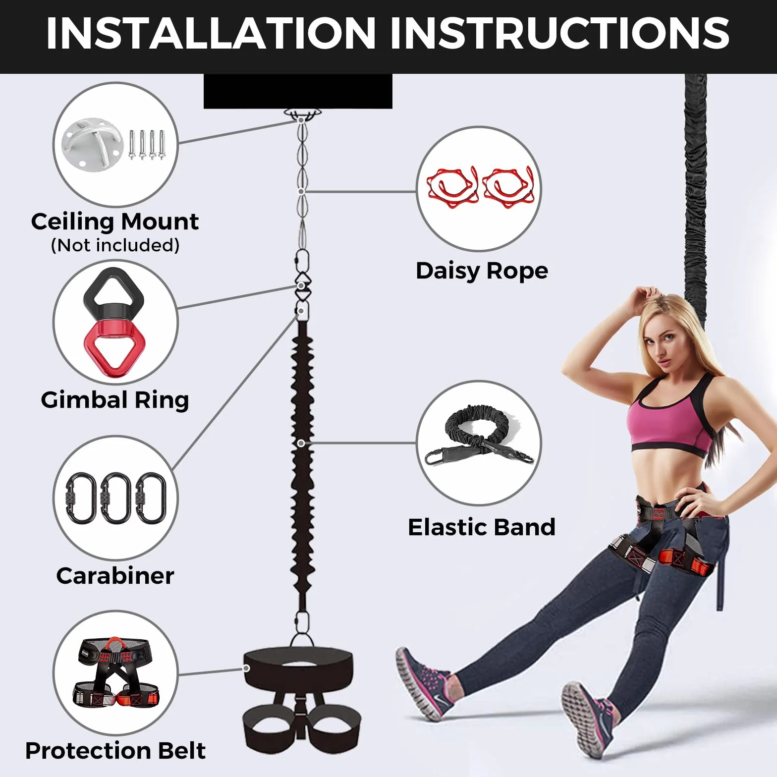 DASKING Bungee Fitness Kit, Fun 4D Aerial Yoga Dance Sangle de Suspension, Solide Harnais Bungee Fitness Cord, Yoga Volant Corde, Professional Bungee-Fitness pour La Maison Hommes et Femme