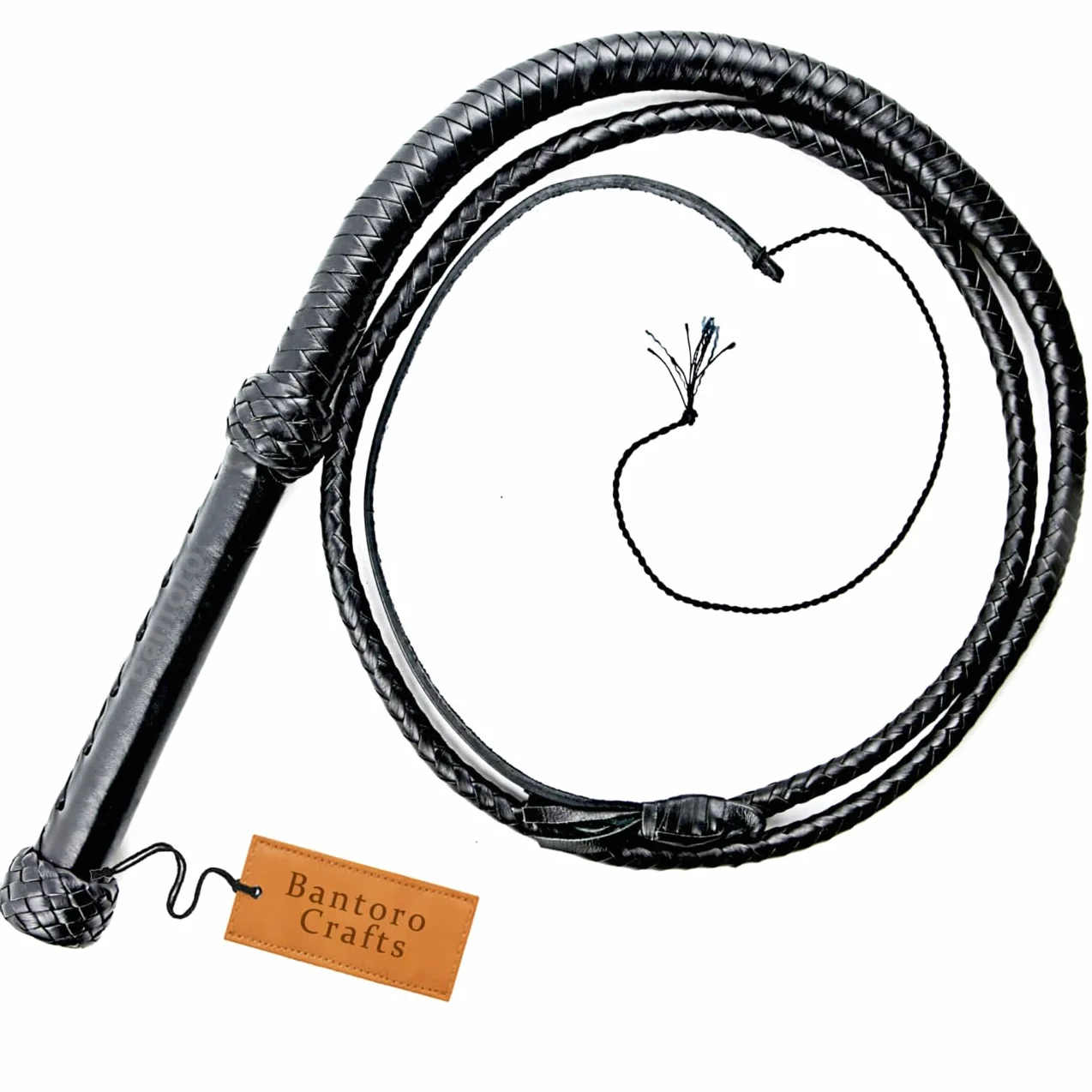 Noir Fouet en Cuir véritable Cravache 6 Pieds (1,8 mètre) de Longueur 12 Tresses Brins Cuir tressé Fouet craquant Fort Equitation