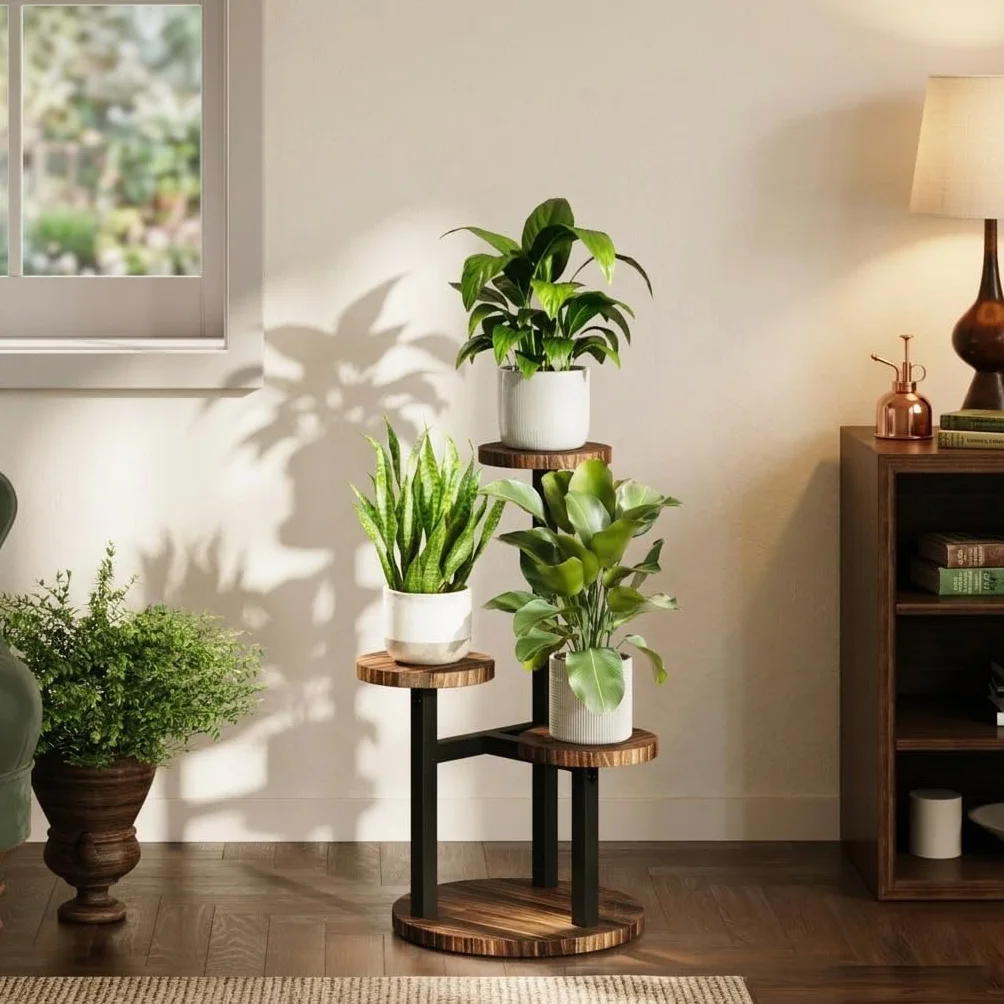 Bamworld Support Plante d'Angle 3 Niveaux en Métal Bois Étagère Fleurs Intérieur Jardin Extérieur
