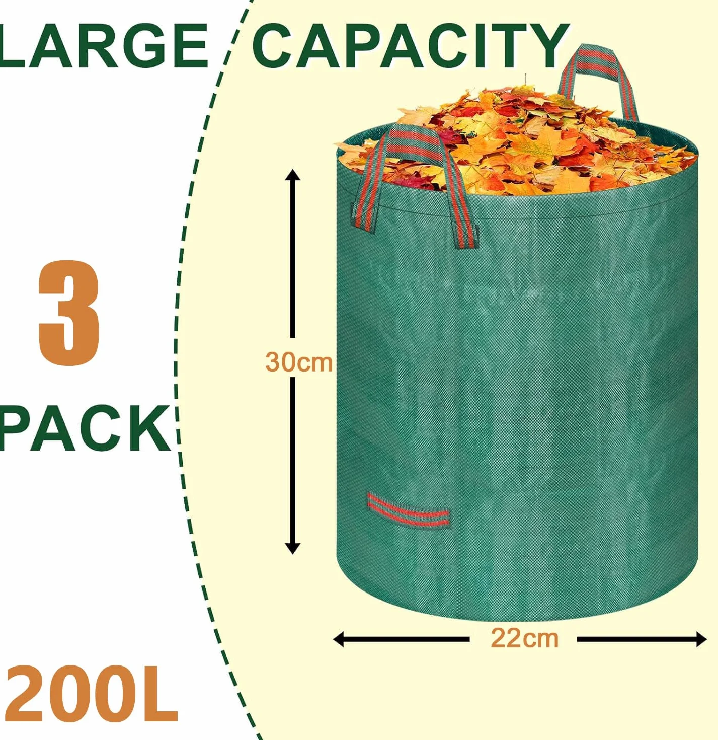 Sac Jardin 200L Vert Déchets Végétaux Pliable Réutilisable avec Poignées 3 Pièces