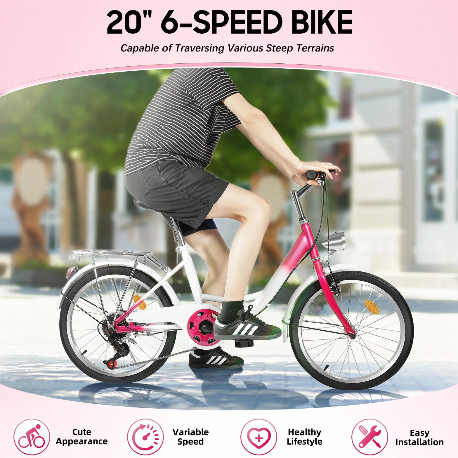 Vélo 20 pouces fille 6 vitesses freins doubles rose blanc