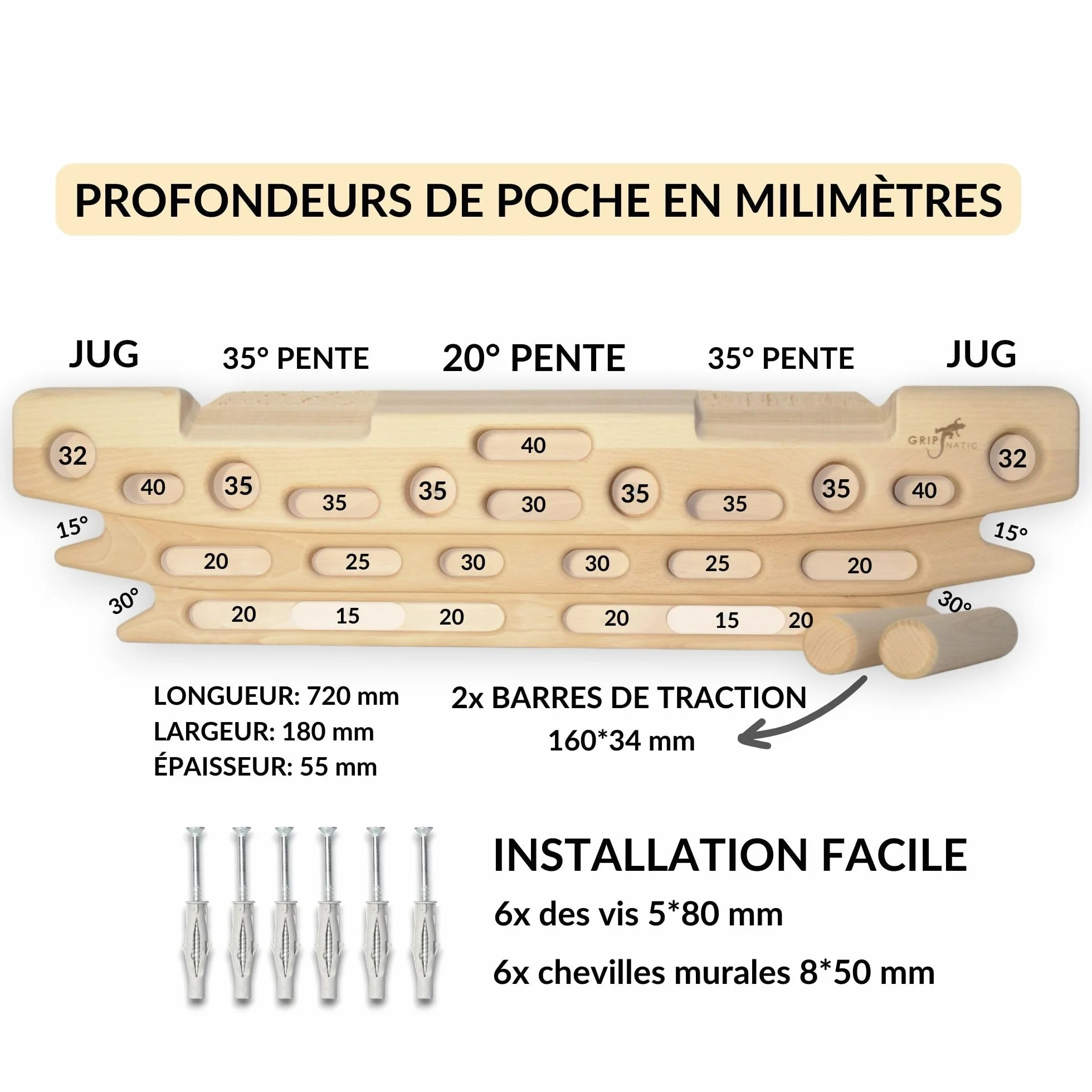 FingerPeg 1.0 Hangboard - Planche d'escalade - Planche d'entrainement d'escalade - Poutre d'entraînement pour l'escalade - avec Barres de Gymnastique pour tractions - Design Unique
