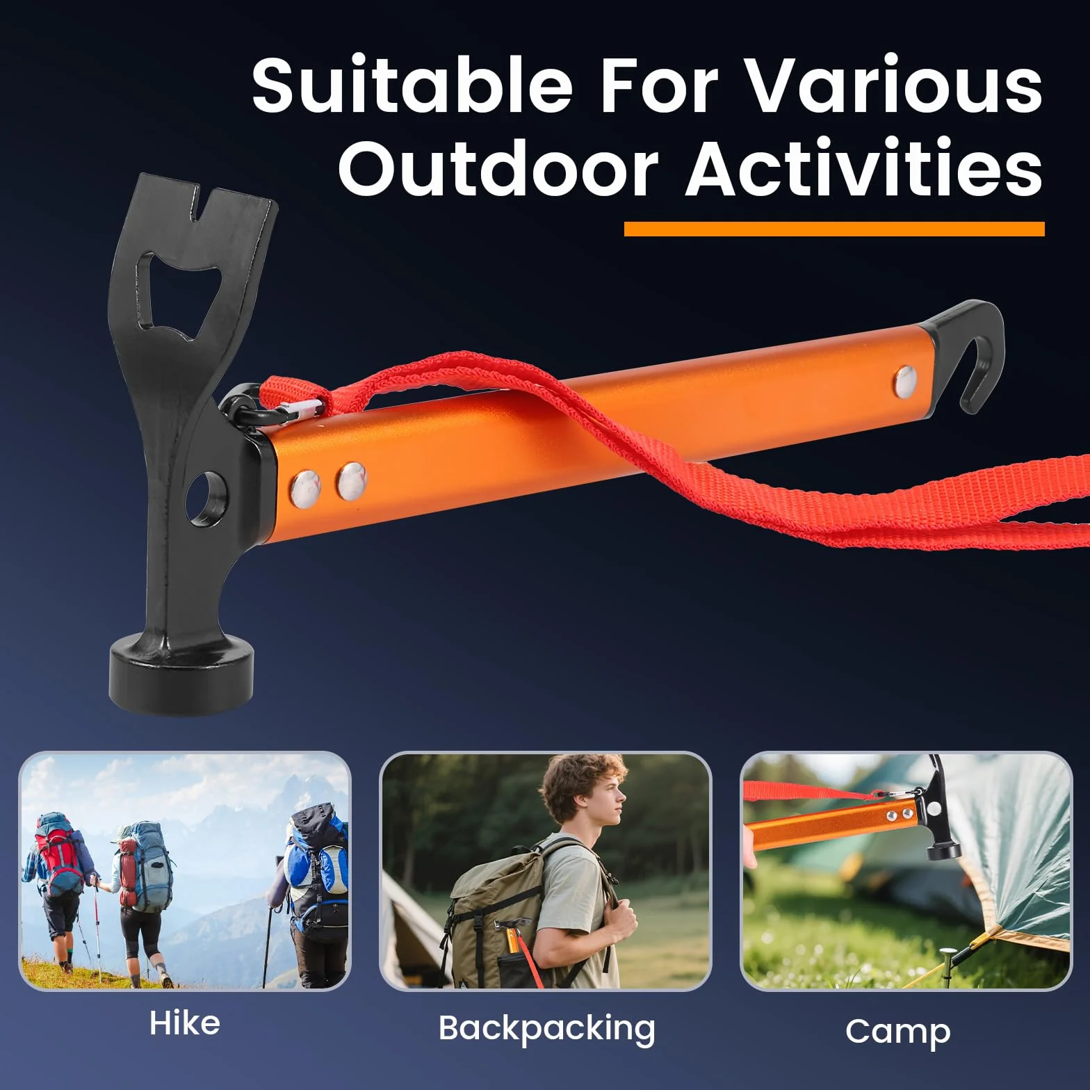 Marteau de camping robuste avec extracteur de sardines, dragonne, orange