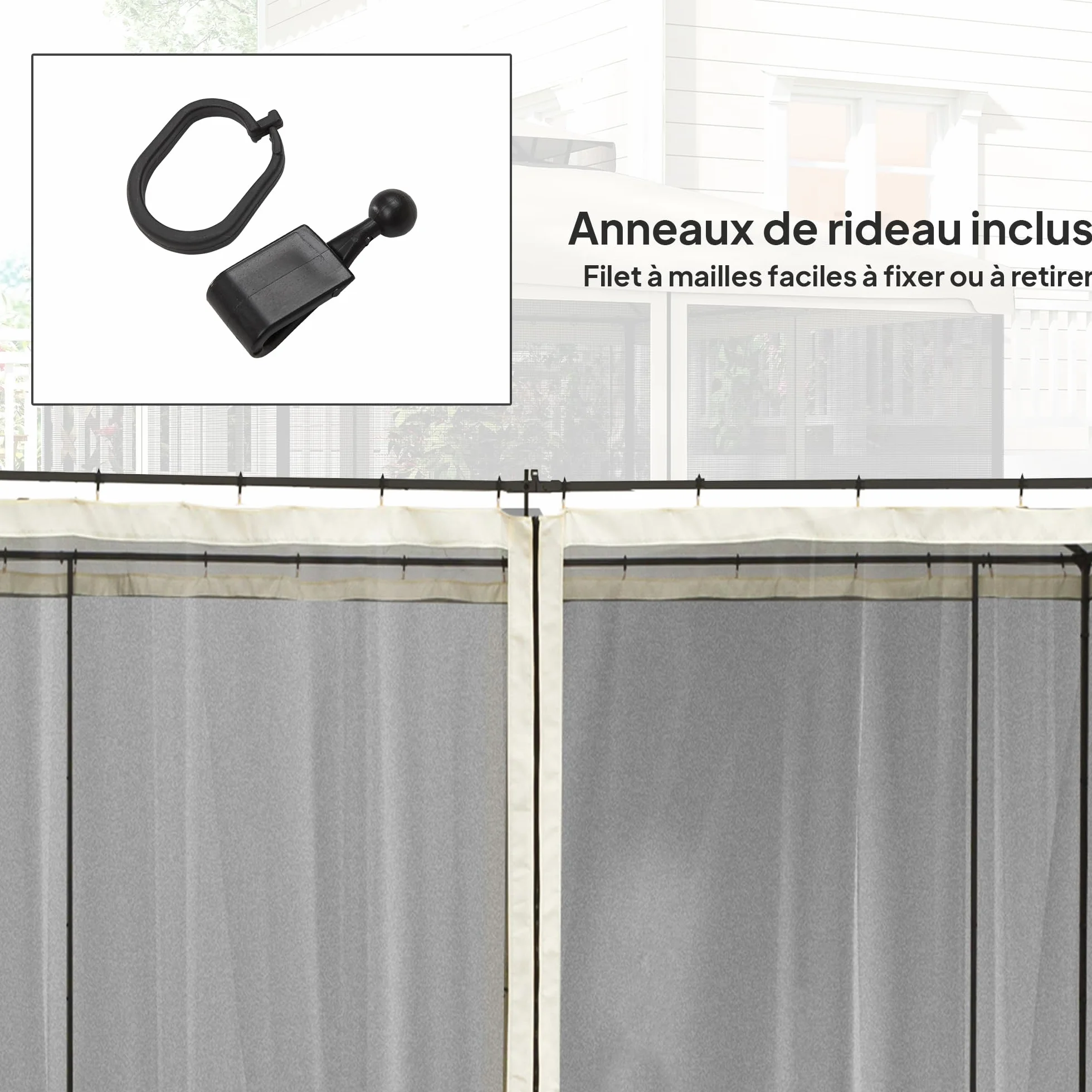 Outsunny Moustiquaires pour tonnelle Barnum pavillon de Jardin 3 x 3 m - Lot de 4 moustiquaires zippées + Crochets d'attaches - Polyester Nylon - Noir et crème
