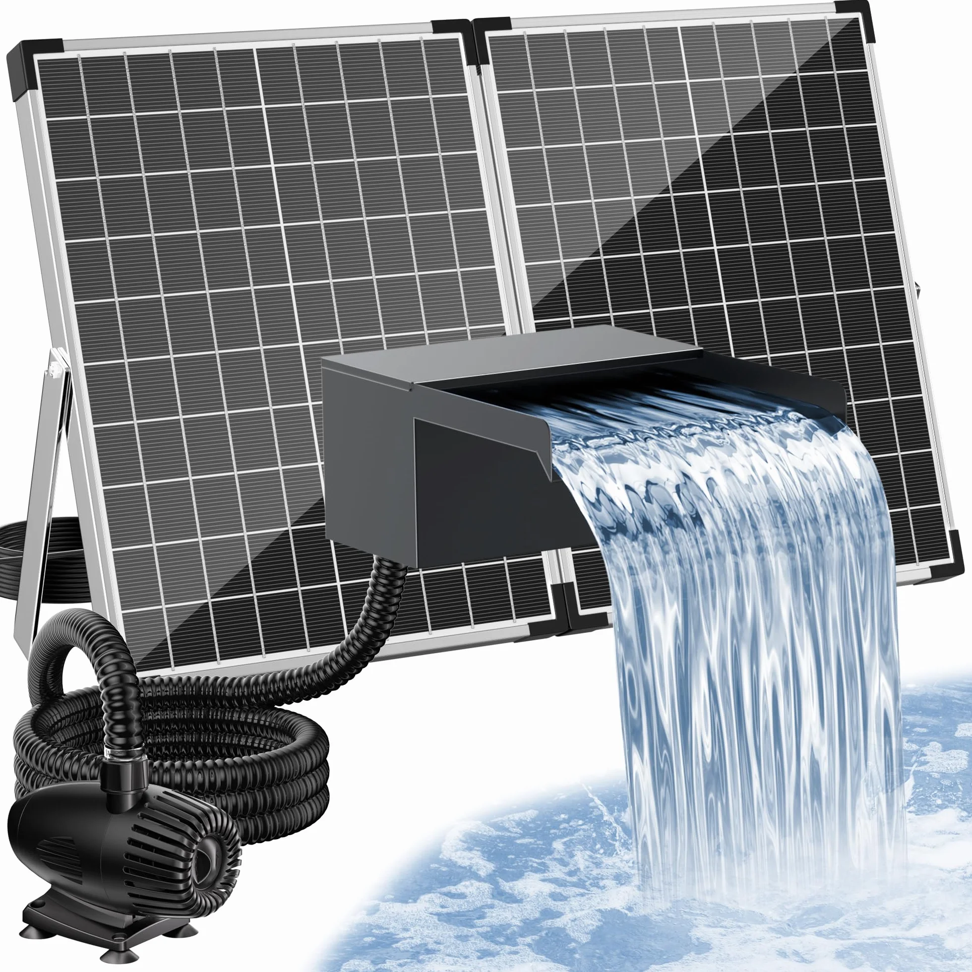 POPOSOAP Cascade d'Étang Solaire 55W, Acier Inoxydable 20 cm, Pompe 2000 L/h, Tuyau 3 m