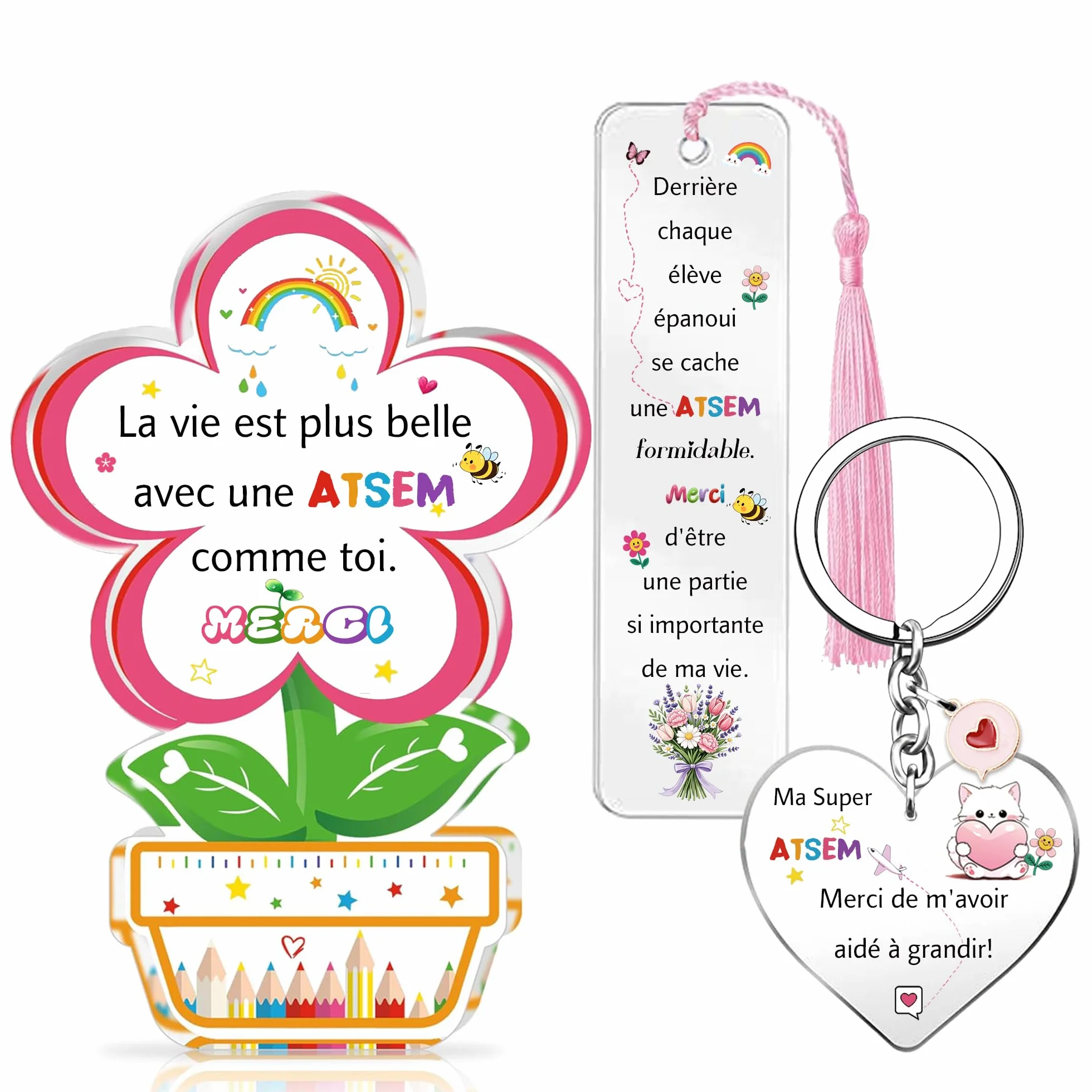 Atsem Cadeaux Enseignants Porte-clés Marque-page Ensemble 3 Pièces Maître Anniversaire Noël Rose