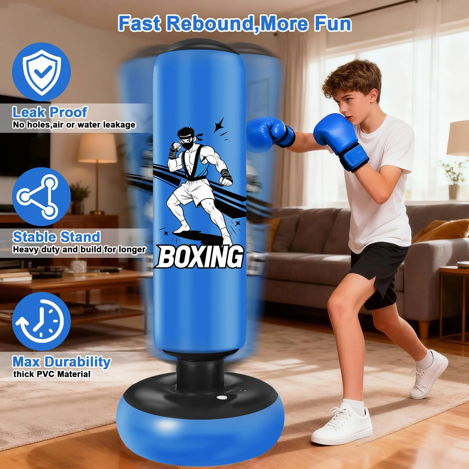 Sac de Boxe pour Enfants, avec Gants de Boxe, 168cm Gonflable Sac de Frappe Enfant Pratique du Karaté, Taekwondo, Cadeaux pour GarçOns et Filles