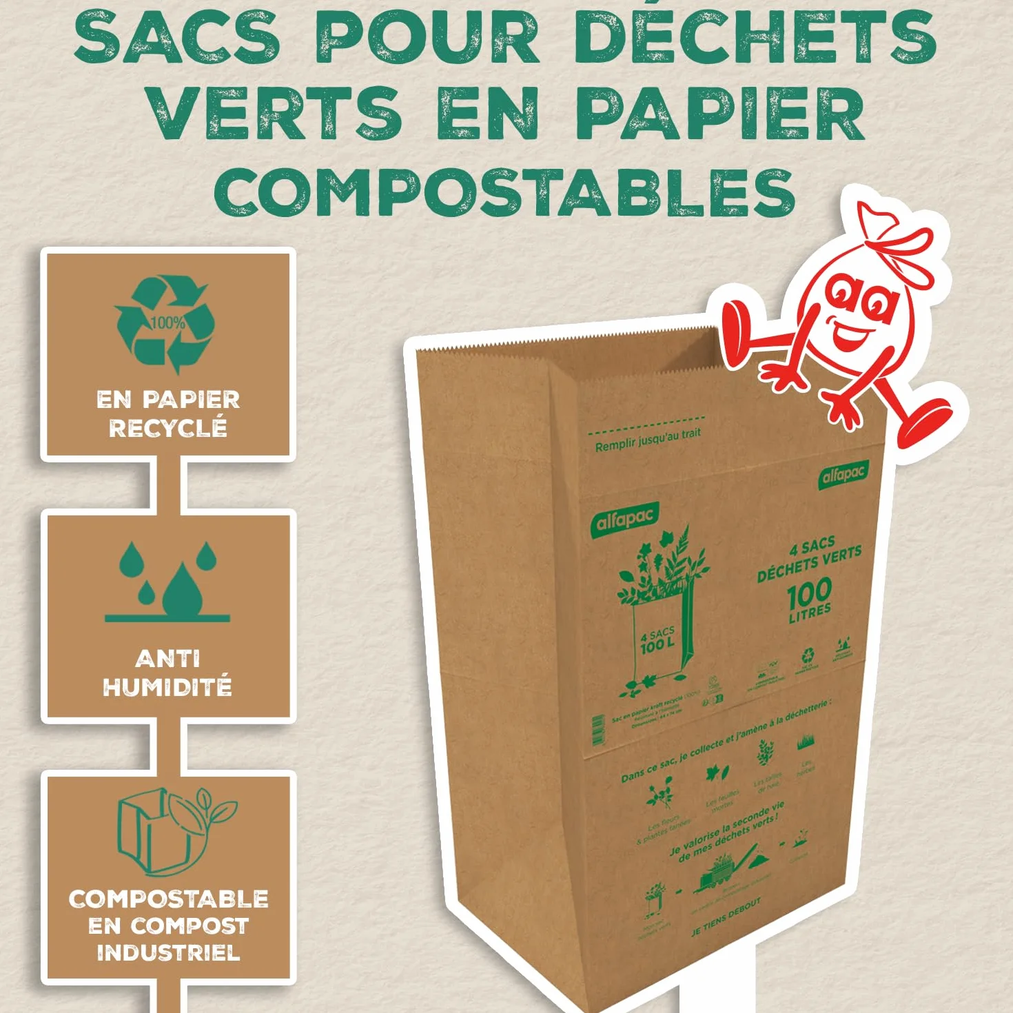 Sacs Déchets Verts en Papier Kraft Compostables Fond Plat 4 x 100L