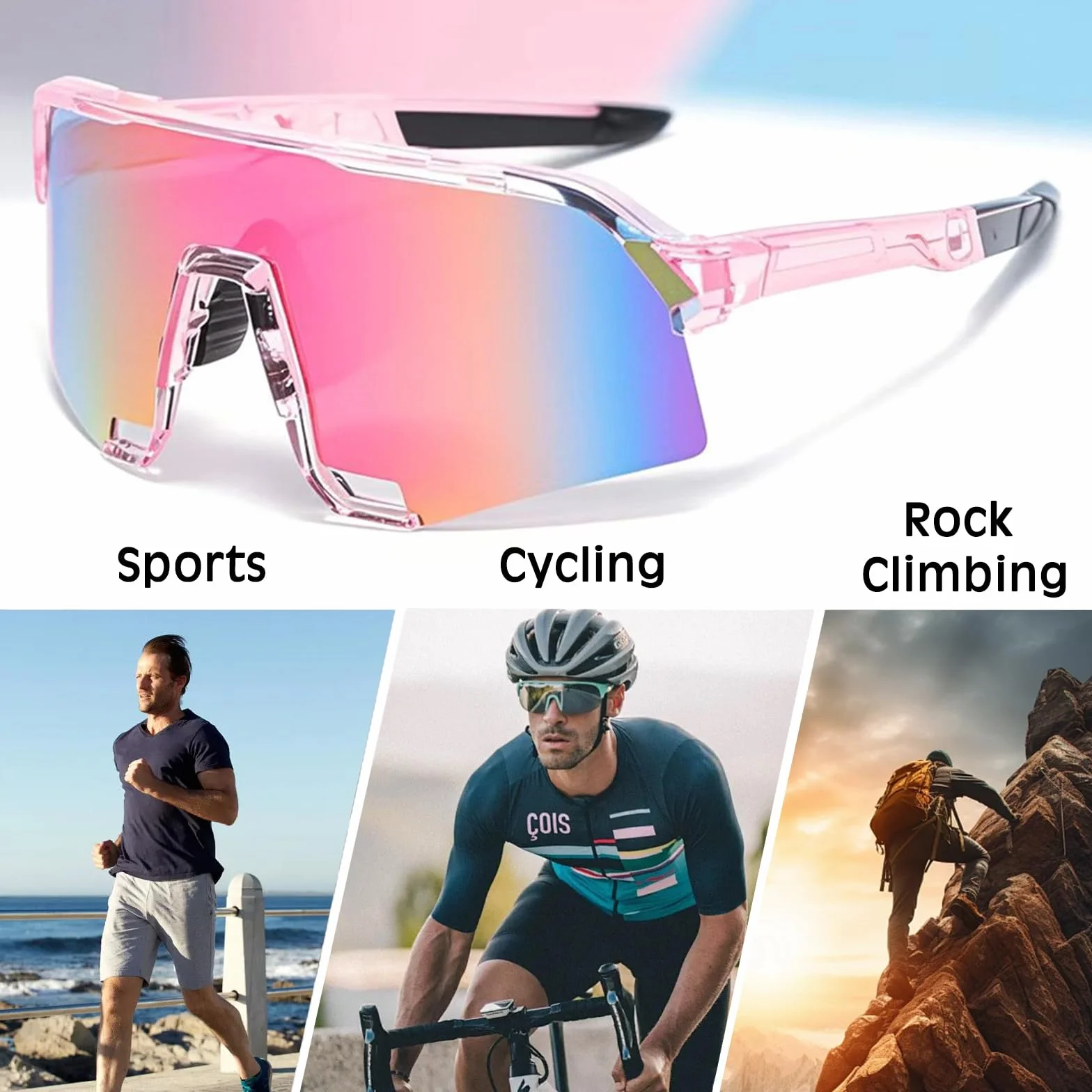 Lunette De Vitesse, Lunette Vitesse De Sport pour Femme Homme, Road Bike Glasses pour Velo Cyclisme Moto Conduite Baseball Alpinisme Running Pêche UV400 Protection, Rose