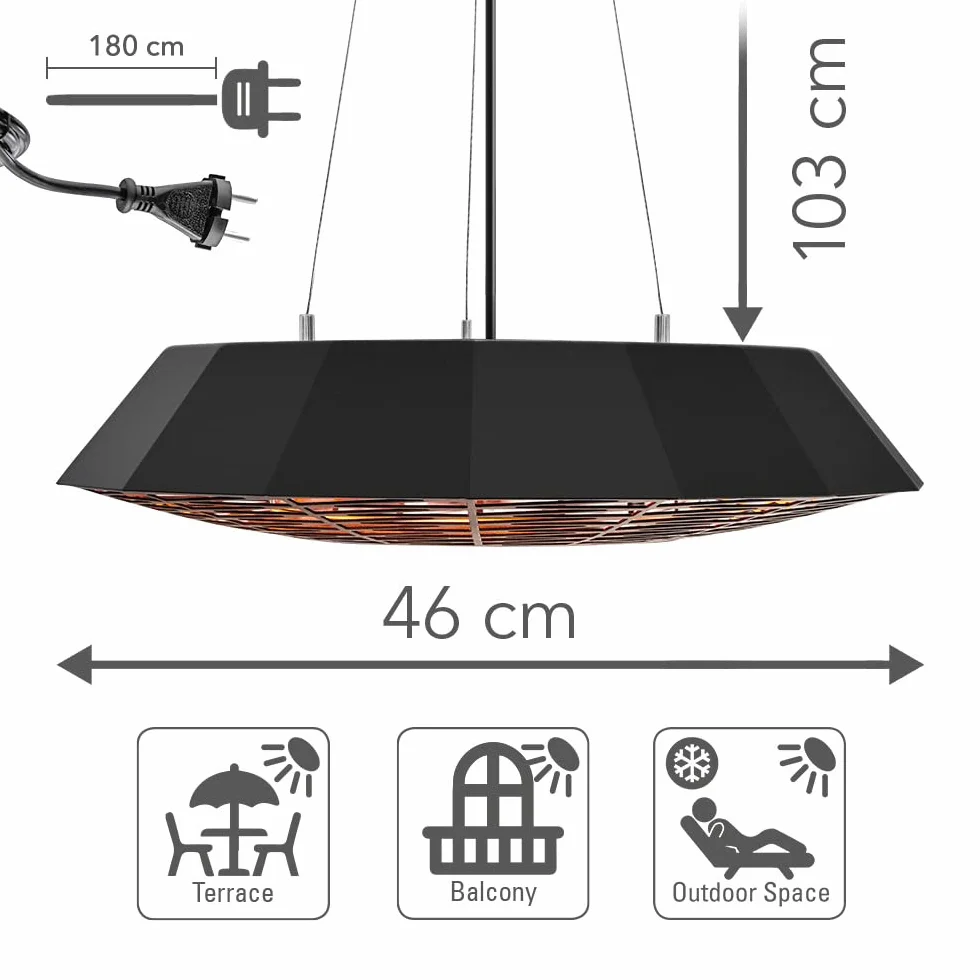 TROTEC IR 2010 SC Chauffage Plafond Infrarouge 2000W IP45 Noir Étanche Télécommandé LED