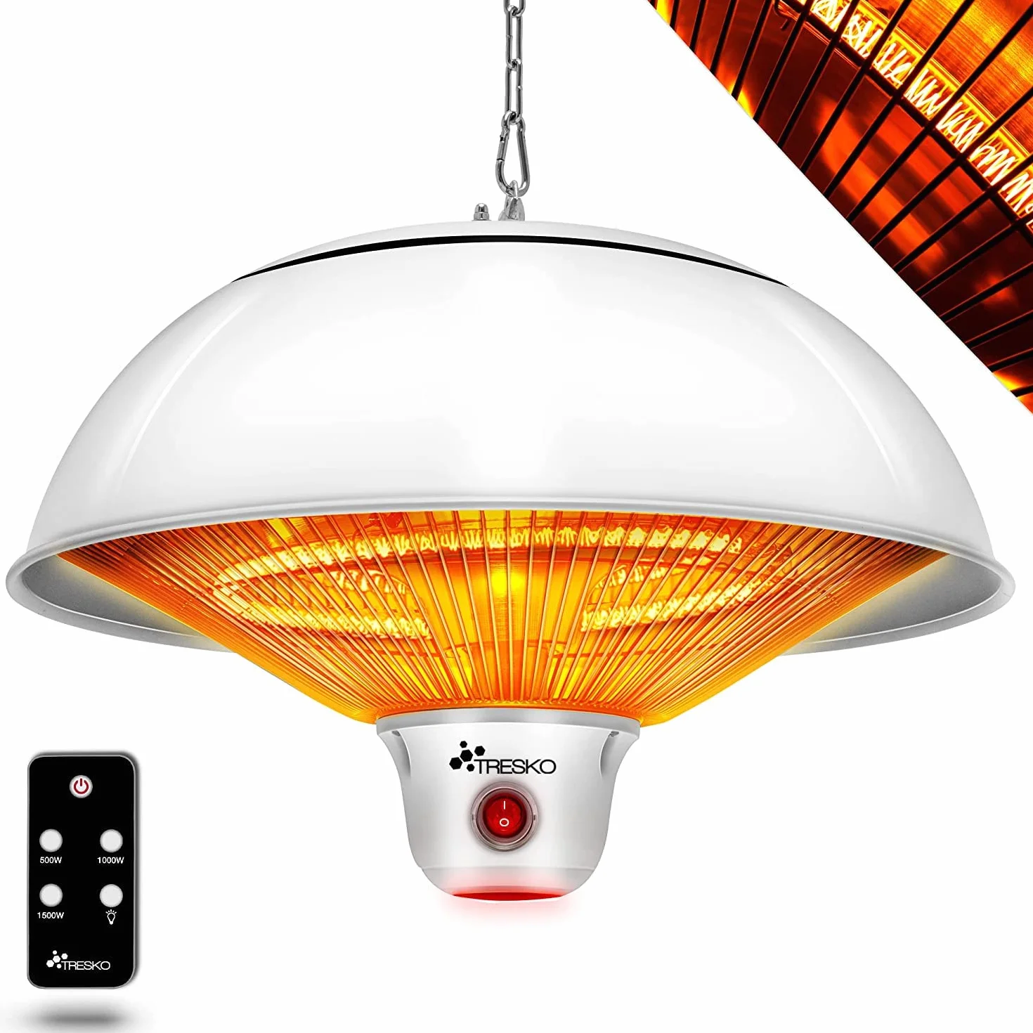 TRESKO Radiateur Infrarouge Plafond 1500W avec Télécommande et Affichage LED 3 Niveaux de Chaleur Blanc