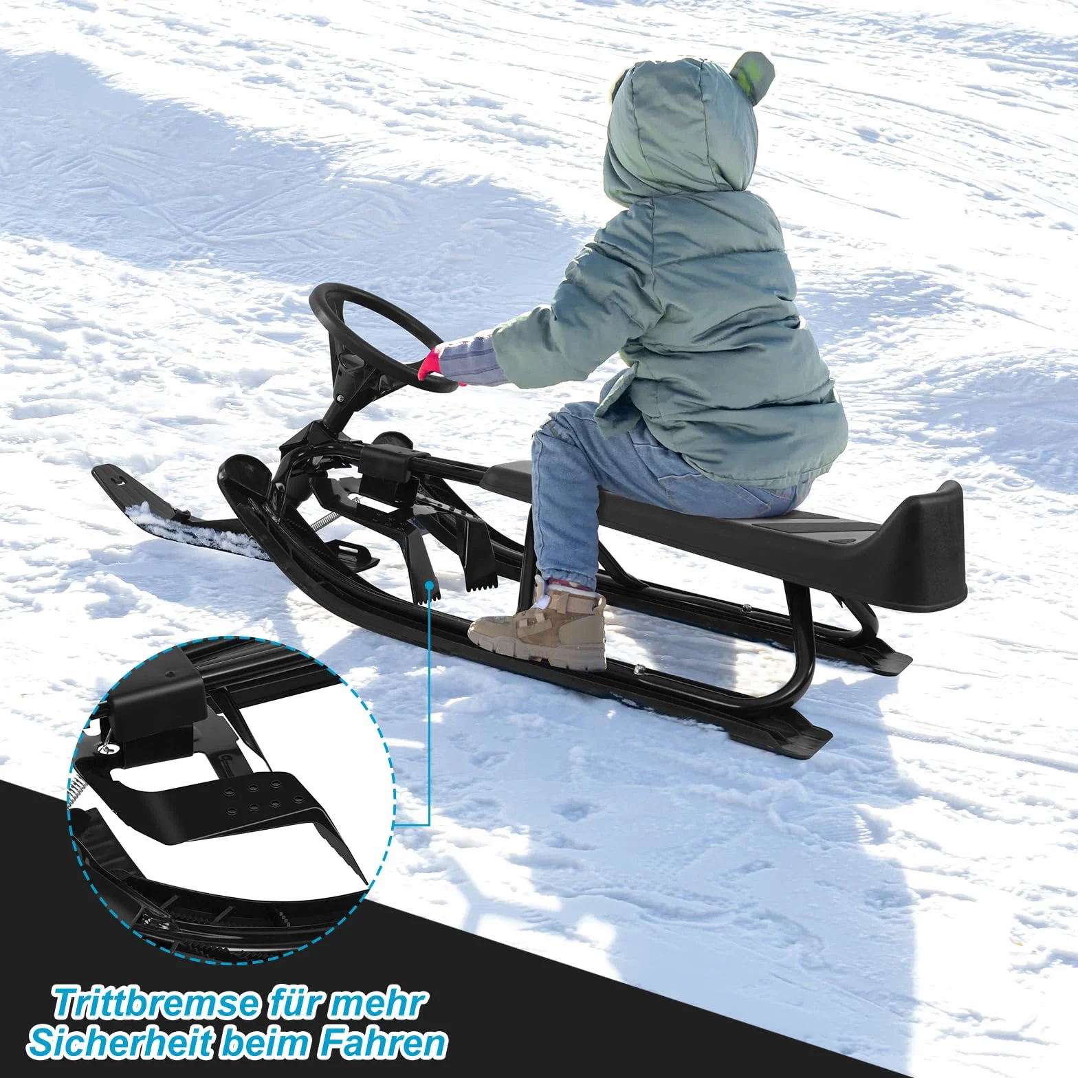 Laneetal Luge Enfant, Luge Bob, Luge avec Volant, Frein et Amortisseur de Choc, Siège Plastique avec Dossier, Cadre en Acier, Corde de Traction, Noir