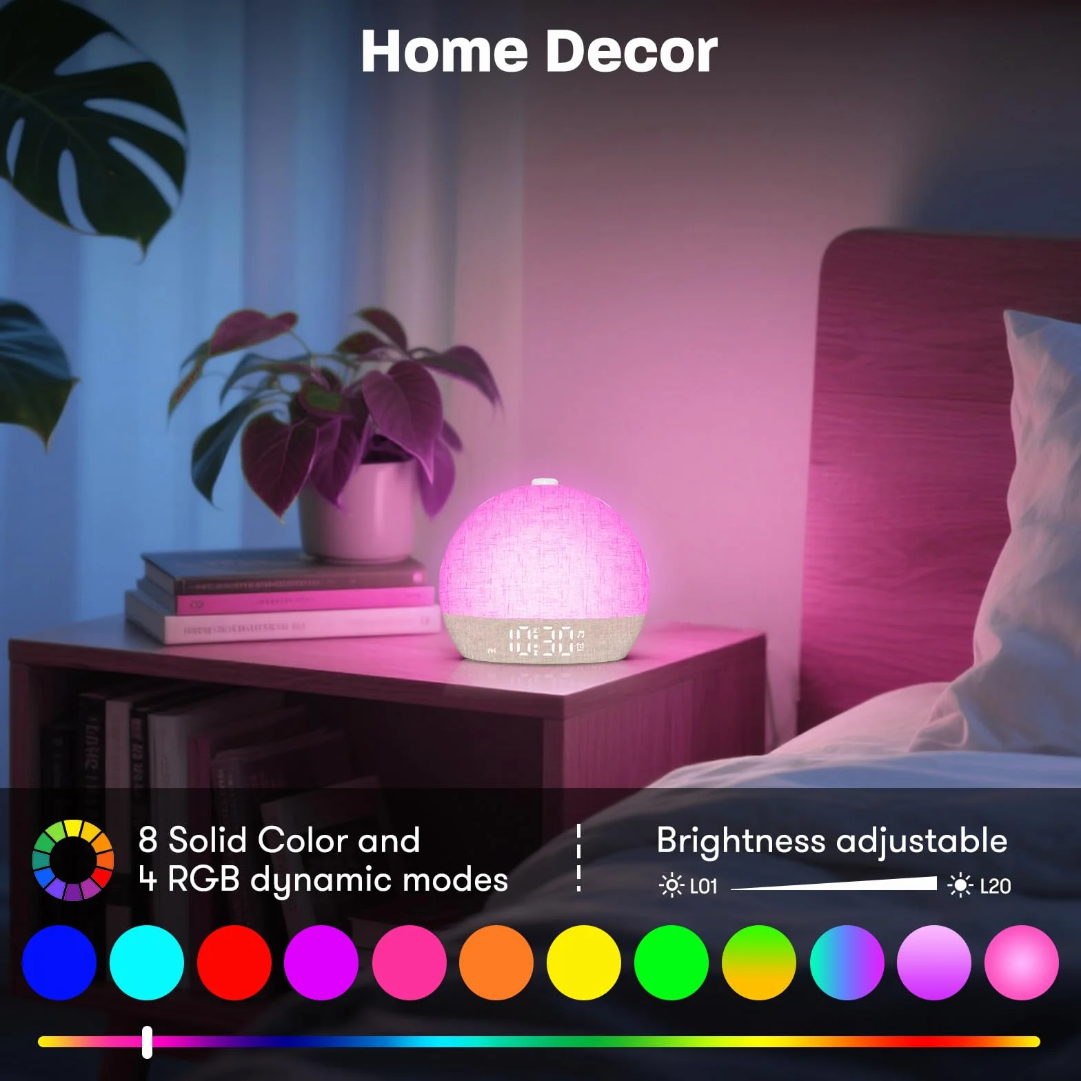 Réveil Lumineux Simulateur d'Aube, 20 Niveaux Luminosité, 30 Sons Naturels, 12 Couleurs, Veilleuse pour Enfant/Adulte