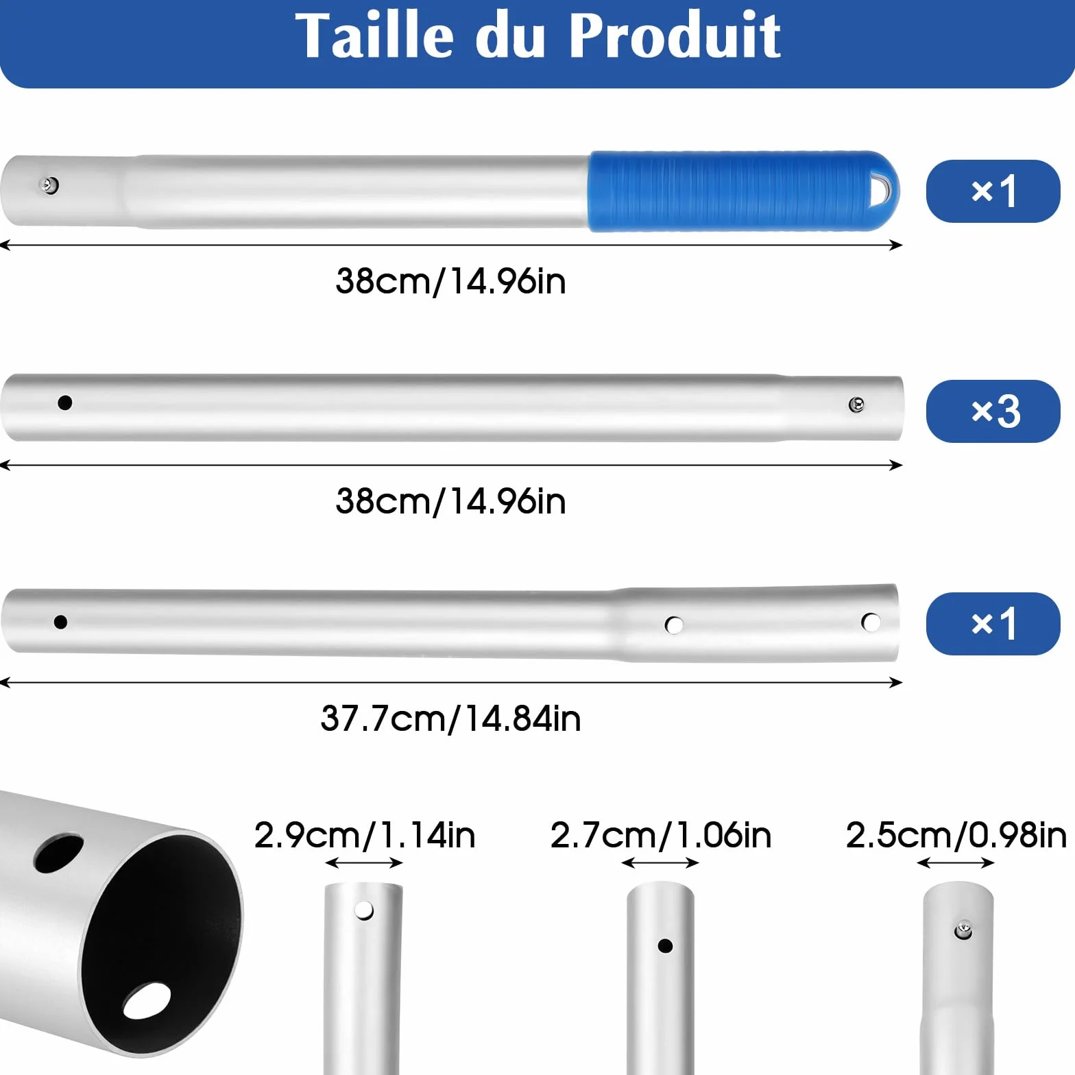Perche Télescopique Aluminium 5 Sections 0.3m-1.7m Compatible EZ Clip pour Piscine