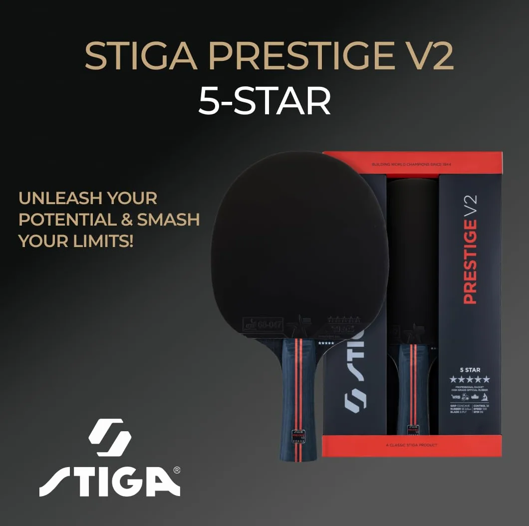 STIGA Raquette de Tennis de Table Prestige V2 – Raquette 5 Étoiles Offensif, Haute Vitesse, Bois 5 Plis, Manche Concave, Technologies ACS & WRB, Revêtement ITTF Star 5, Mousse 2,0 mm