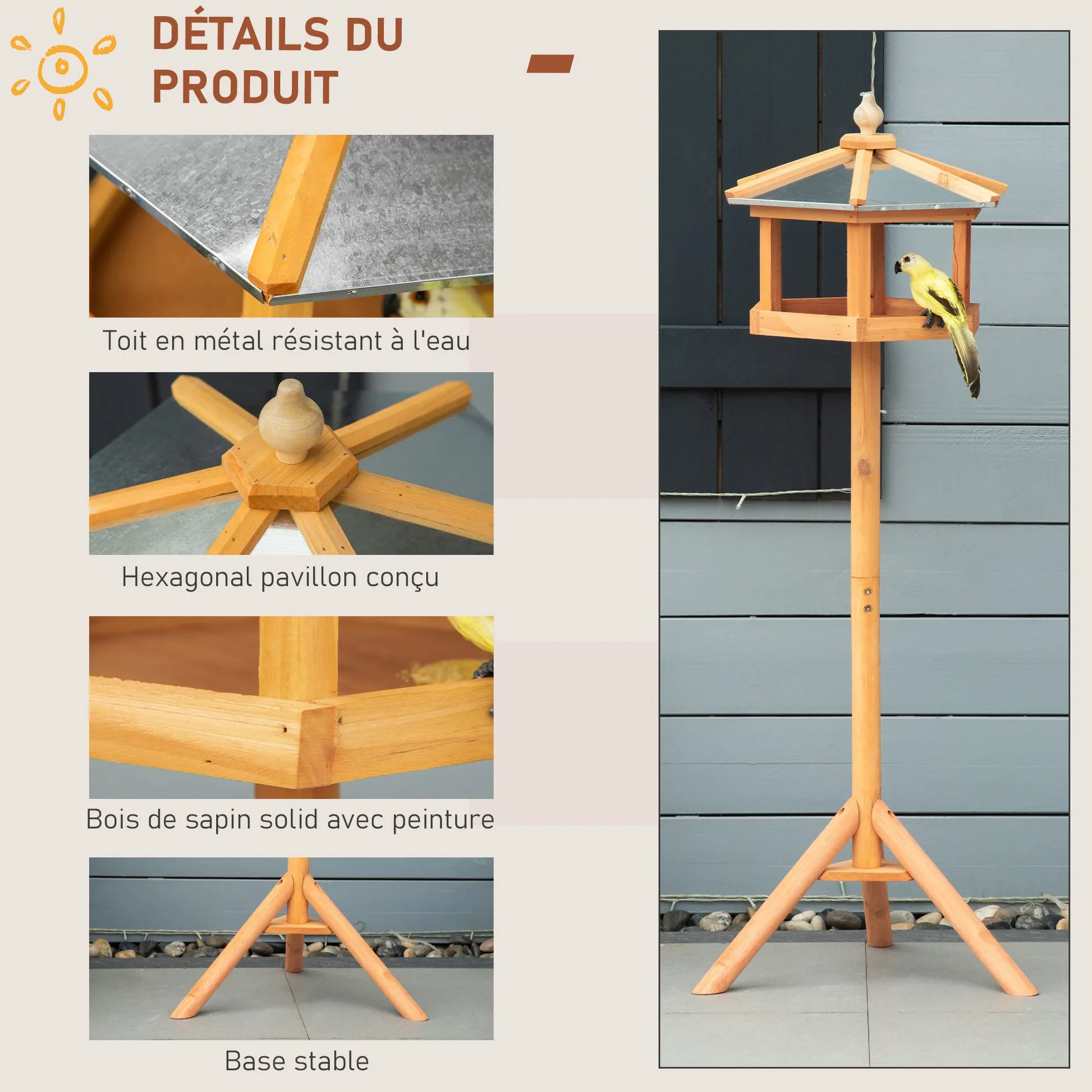HOMCOM Mangeoire pour Oiseaux Sauvages sur Pied en Bois 113 cm