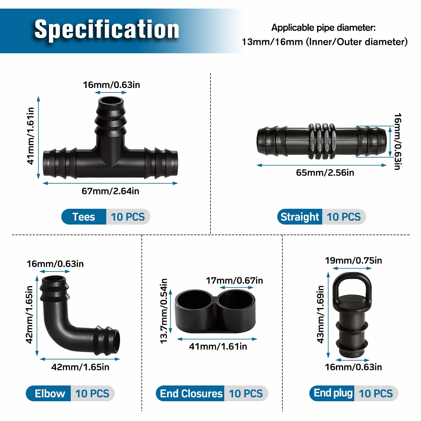 VooGenzek Raccords d'Irrigation 50 Pièces pour Tubes 16mm, Connecteurs Barbelés pour Système d'Arrosage