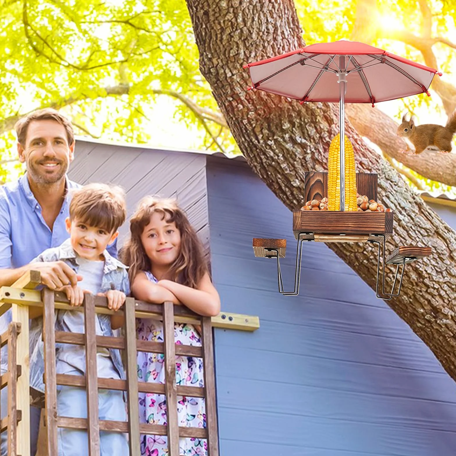 Mangeoire pour Écureuil en Bois avec Support pour Extérieur Jardin Balcon