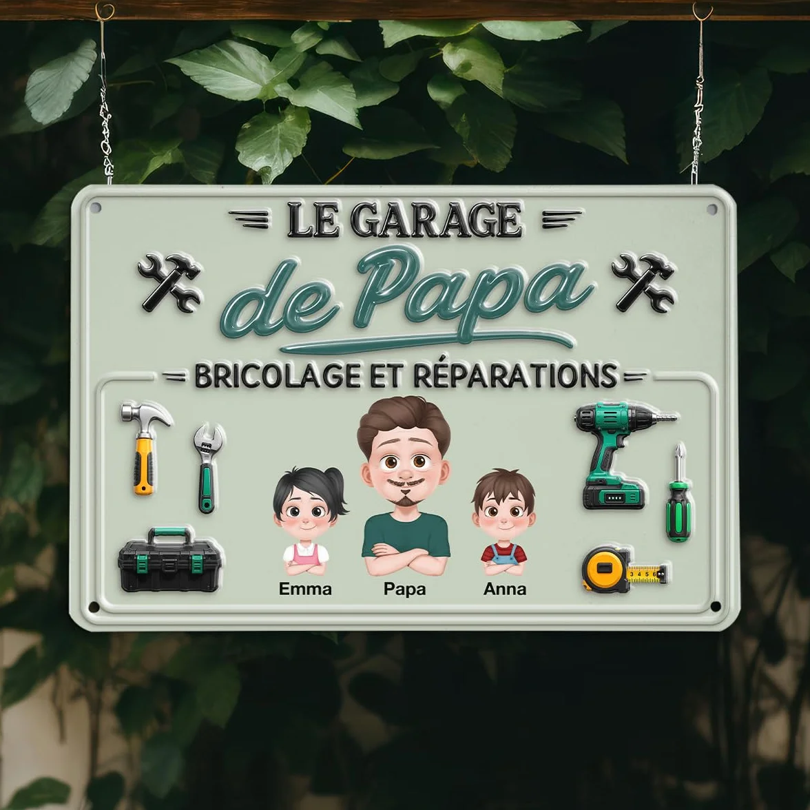 Plaque Métal Personnalisée Le Garage De Papa Papy - Cadeau Fete des Peres, Cadre Papa Personnalisé (2 Enfants)
