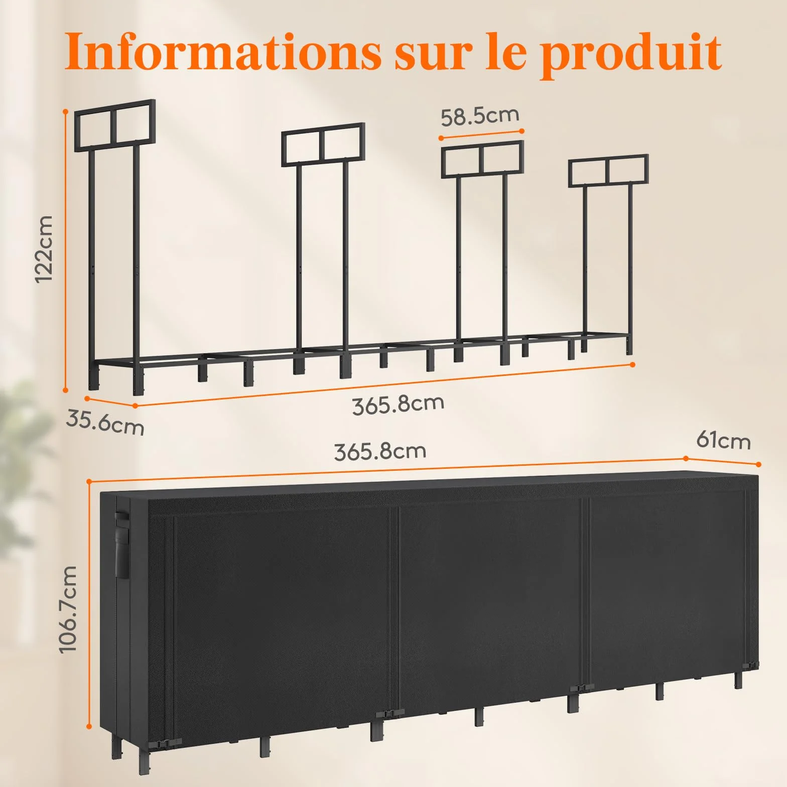 Lifewit Rangement Bois Porte Buche Panier Buche 365x58x122cm Impermeable Exterieur Noir