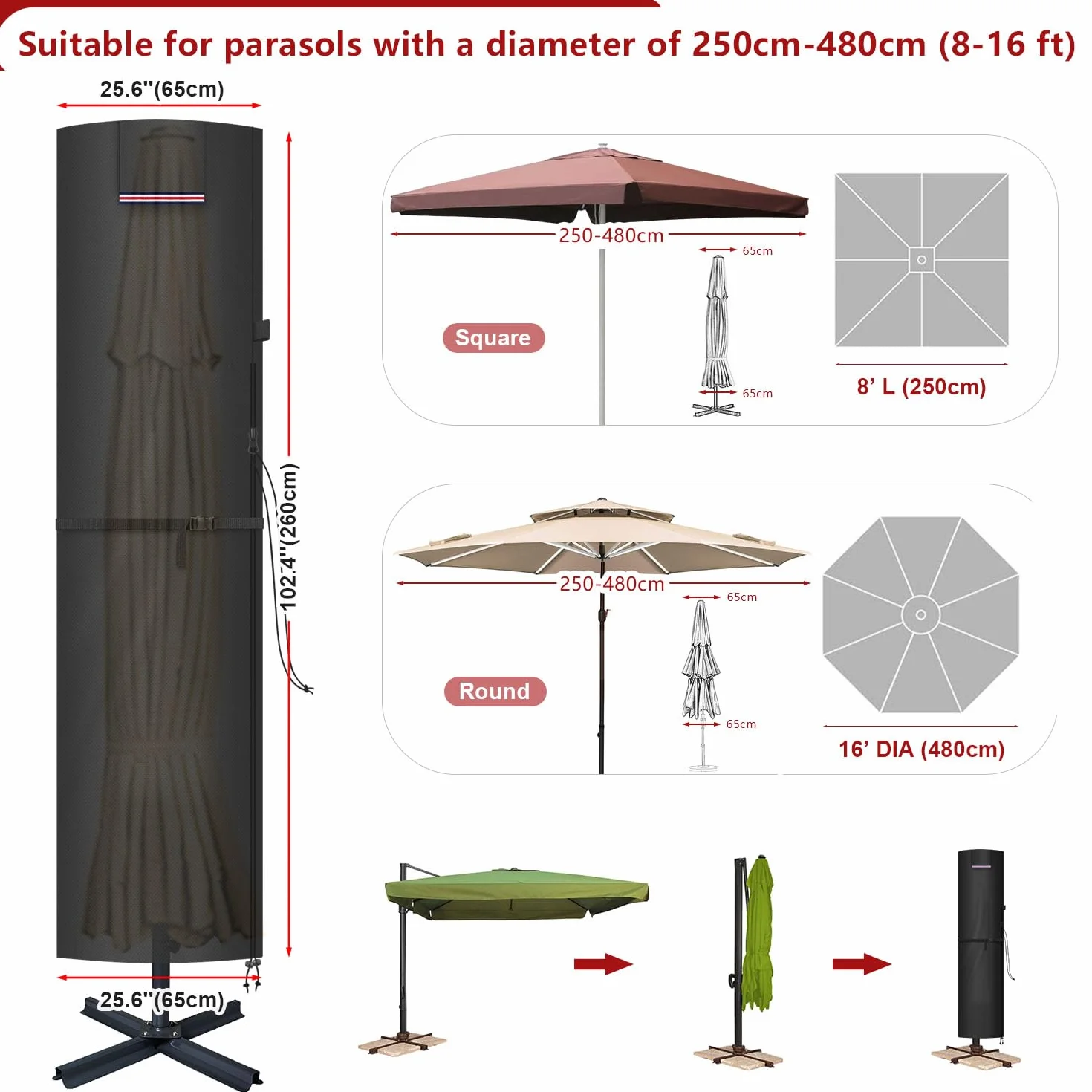 LAMUNI Housse Parasol Déporté 420D Tissu Oxford Imperméable Anti-UV 260x65/65cm