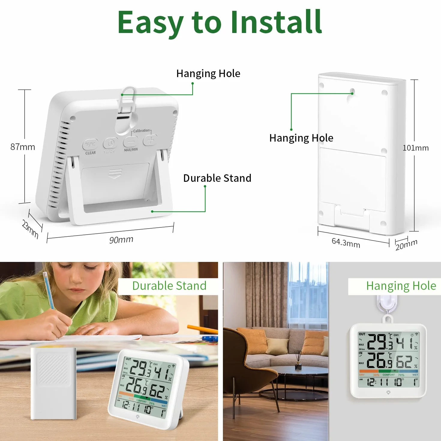 VOCOO thermomètre intérieur extérieur sans fil hygromètre numérique LCD température humidité avec capteur mémoire Min/Max ℃/℉ indicateur confort air rétroéclairage