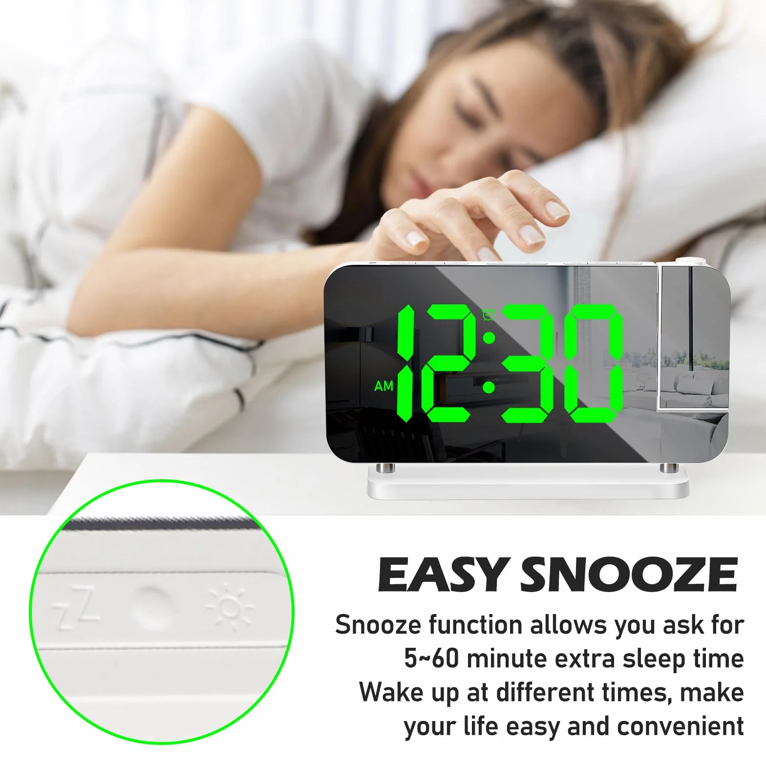 PORFOYO Réveil avec projection LED RVB, horloge miroir, veilleuse 10 couleurs, projecteur 180°, USB-C