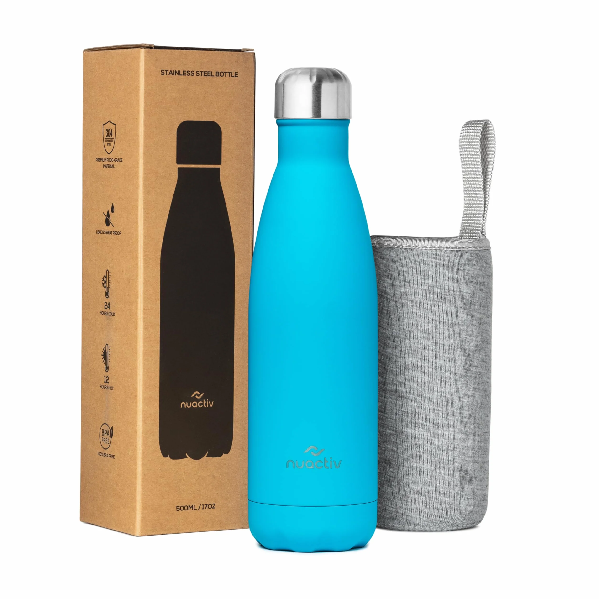 Nuactiv Bouteille Isotherme 500ml en Acier Inox – Garde 24h Froid & 12h Chaud – Gourde Double Paroi Sans BPA Étanche Réutilisable pour Voyage, Randonnée, École, Sport, Fitness & Usage Quotidien