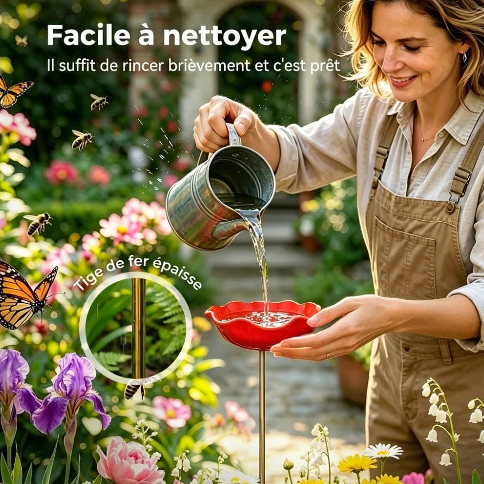 Mangeoire Oiseaux Exterieur en Fonte, Abreuvoir Bain Oiseaux Hauteur, Decoration Jardin (Rouge 2 Pcs)
