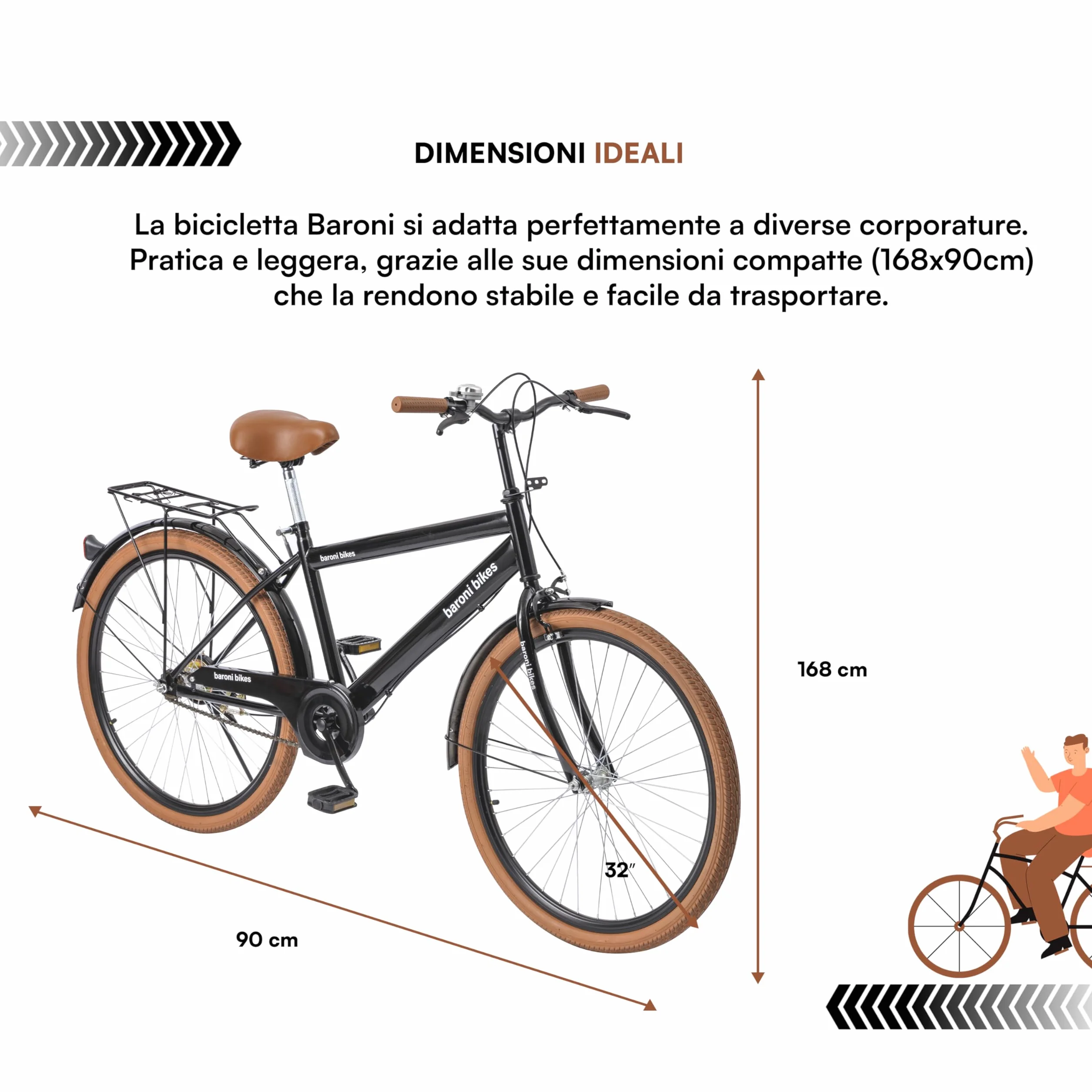 Baroni Home Vélo de marche pour homme et femme, avec sonnette, guidon et selle réglable, vélo avec double frein avant et arrière, vélo de ville, noir et marron, 168 x 90 cm