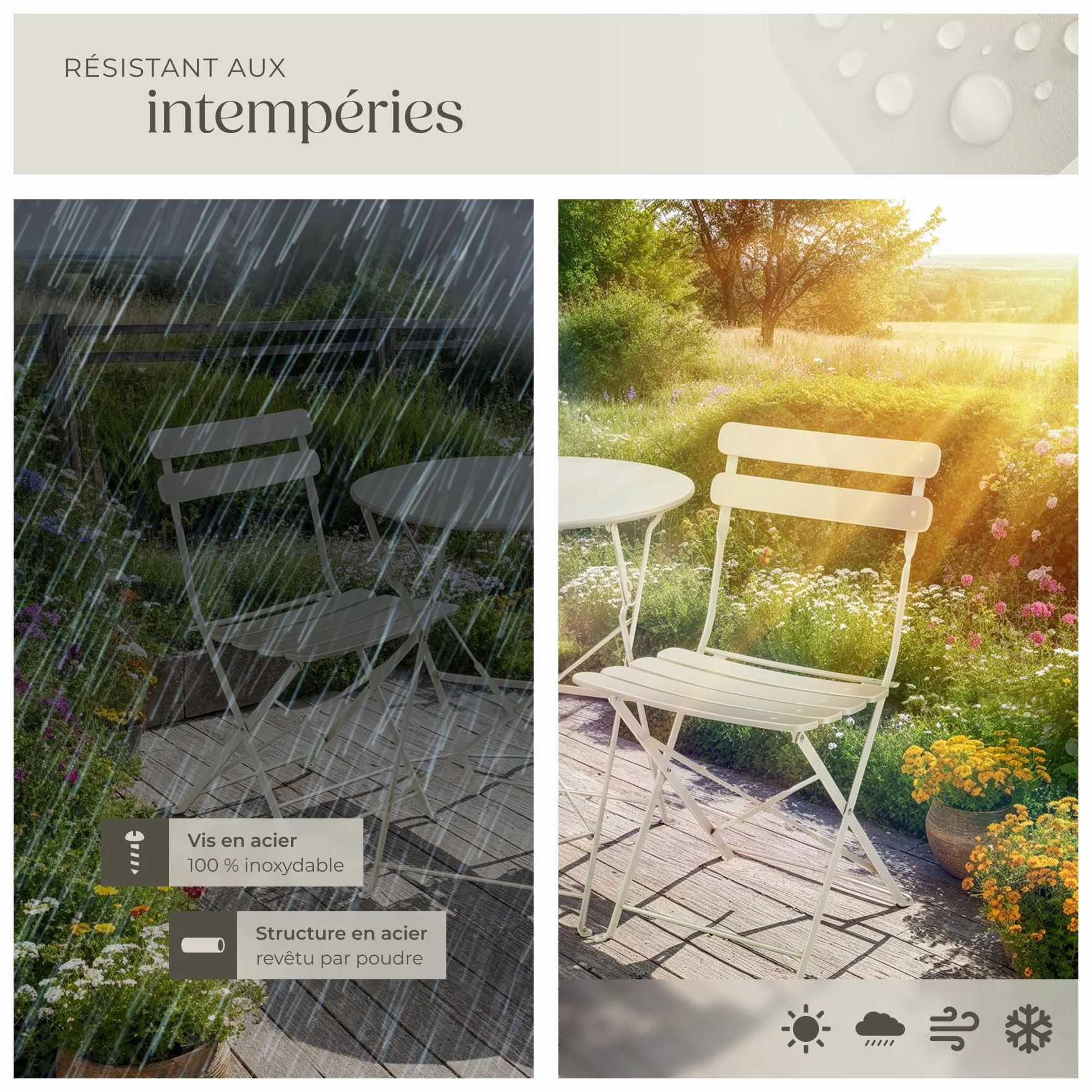 Ensemble Table Ronde et Chaises Pliantes de Jardin Acier Époxy 2 Places