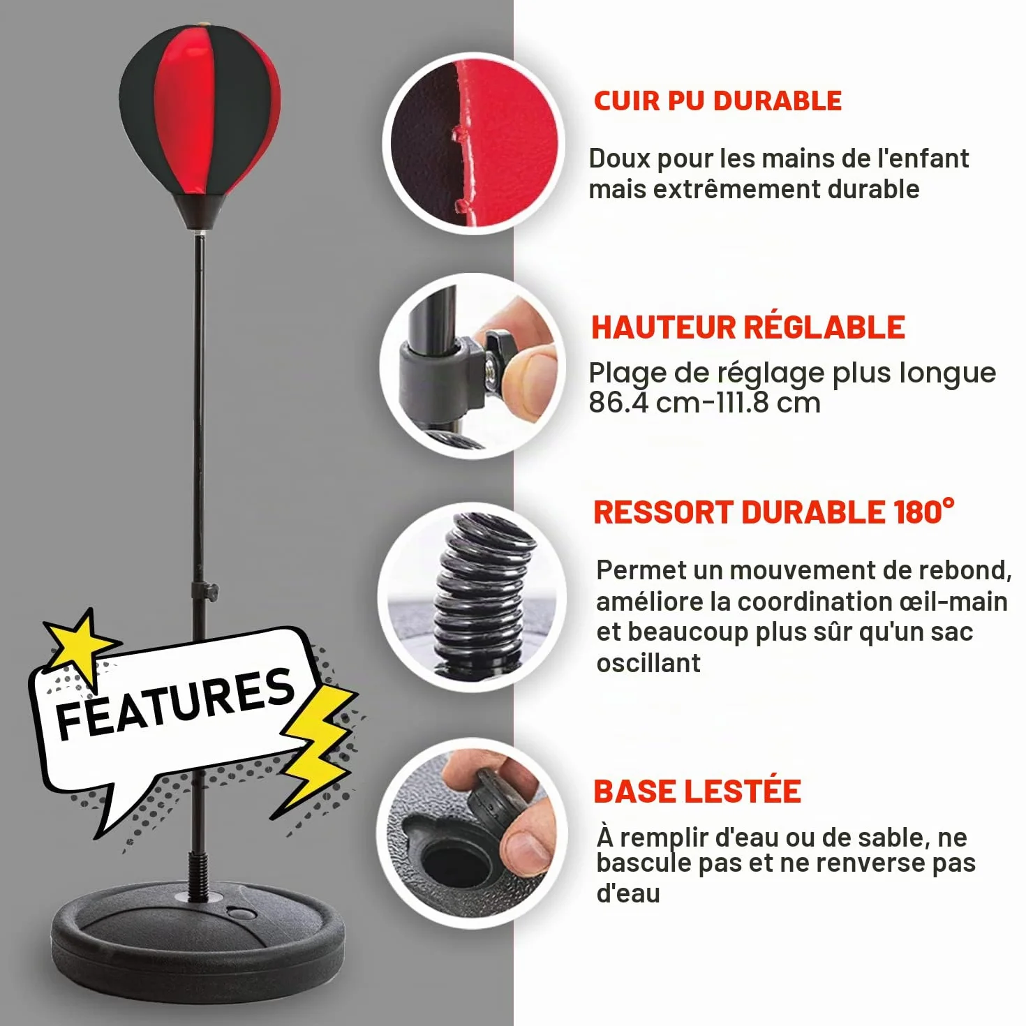 Whoobli Sac de Frappe pour Enfants avec Gants de Boxe | Sac de Frappe réglable avec Support | Sac de Boxe pour garçons et Filles