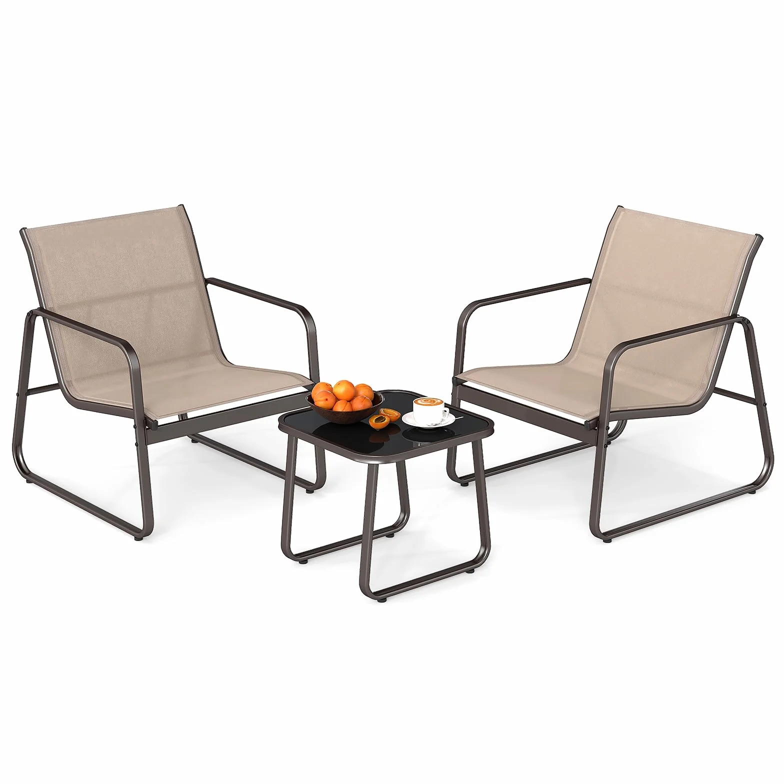 GOPLUS Salon de Jardin 2 Personnes, 3 Pièces Table Basse avec 2 Fauteuils, Cadre Métallique