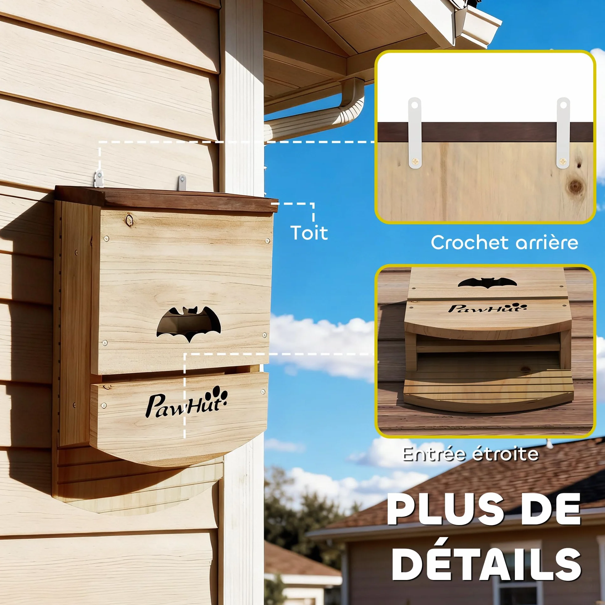 PawHut Lot de 3 Nichoirs Chauve Souris en Bois avec Plateforme Rainurée, 23 x 9,5 x 36,5 cm