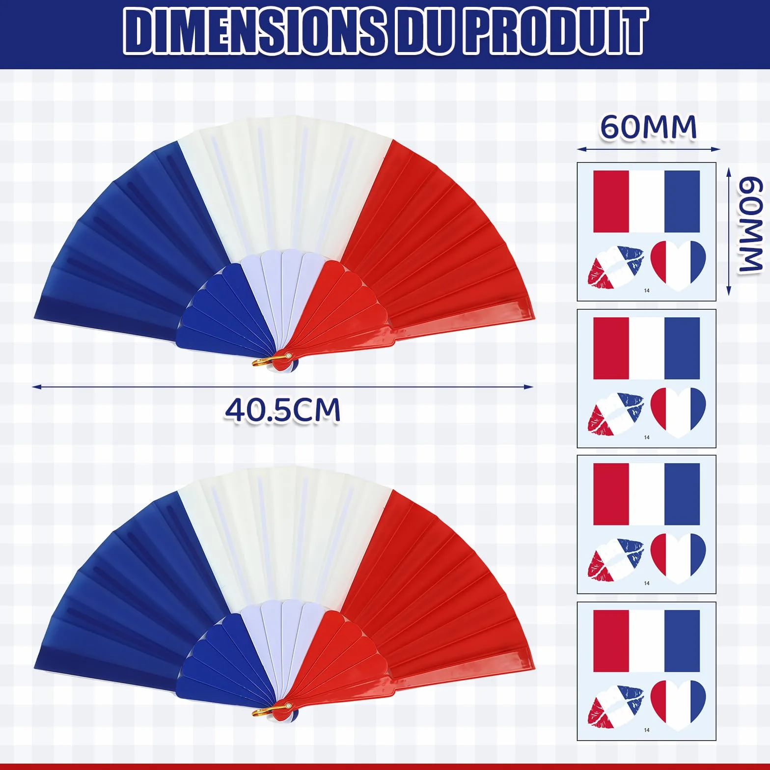 Kit Supporter France 6 Pièces avec 2 Éventails Tricolores et 4 Autocollants, Accessoires Supporters Coupe du Monde, Kit Supporter Francais, Maillot Equipe de France Foot 2026, Drapeau Francais