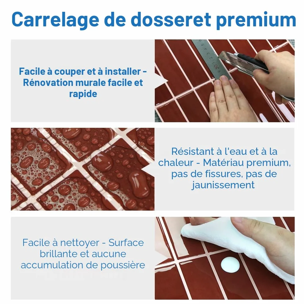 Crédence Adhésive Cuisine Rouge foncé 10 Pièces Carrelage Adhesif Mural Salle de Bain Vinyle 3D Métro Autocollant imperméable 30,5x30,5cm