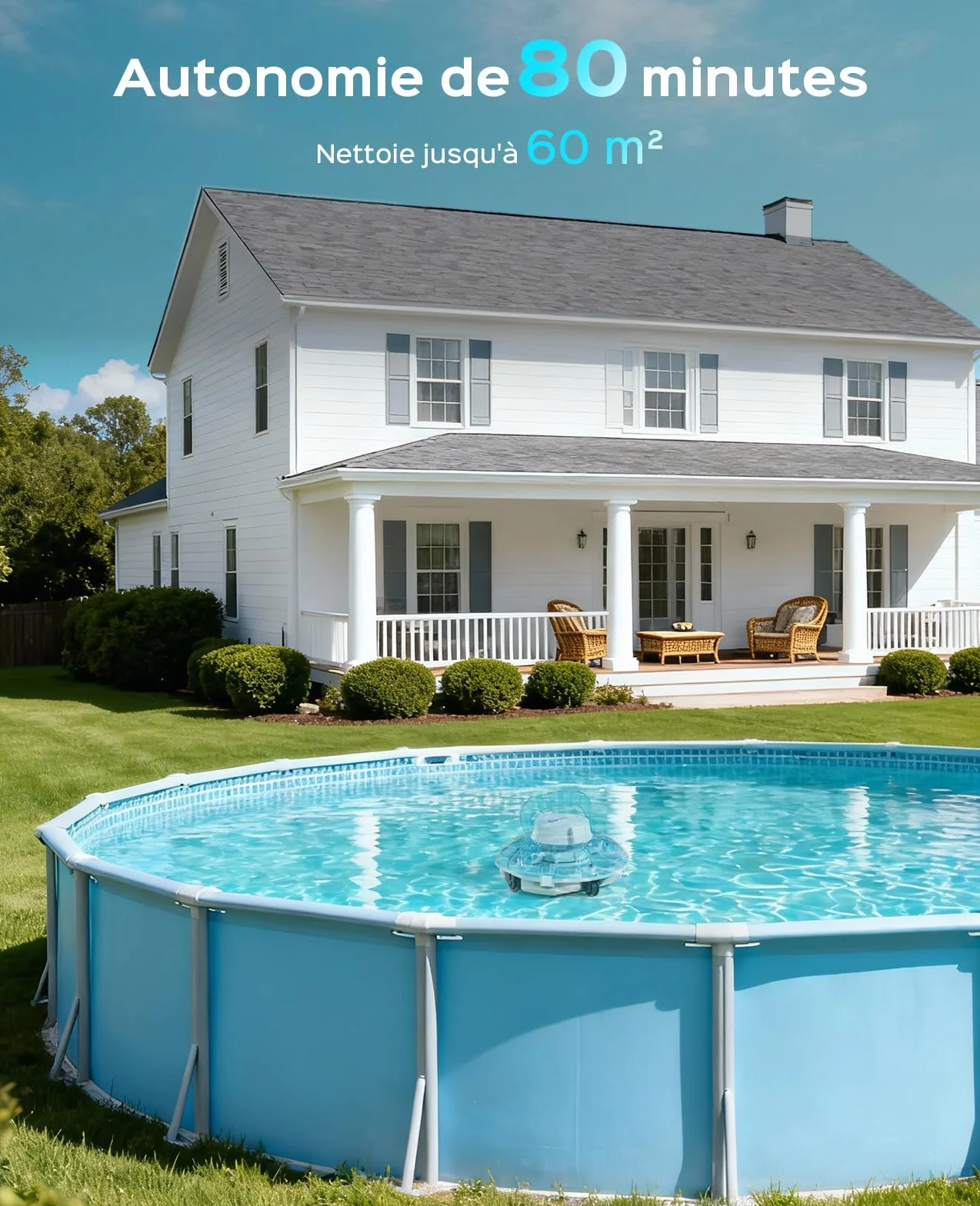 Winny 200 Robot Piscine sans Fil, Double Filtration, Autonomie 80 Min, pour Piscines Hors-Sol 60 M²