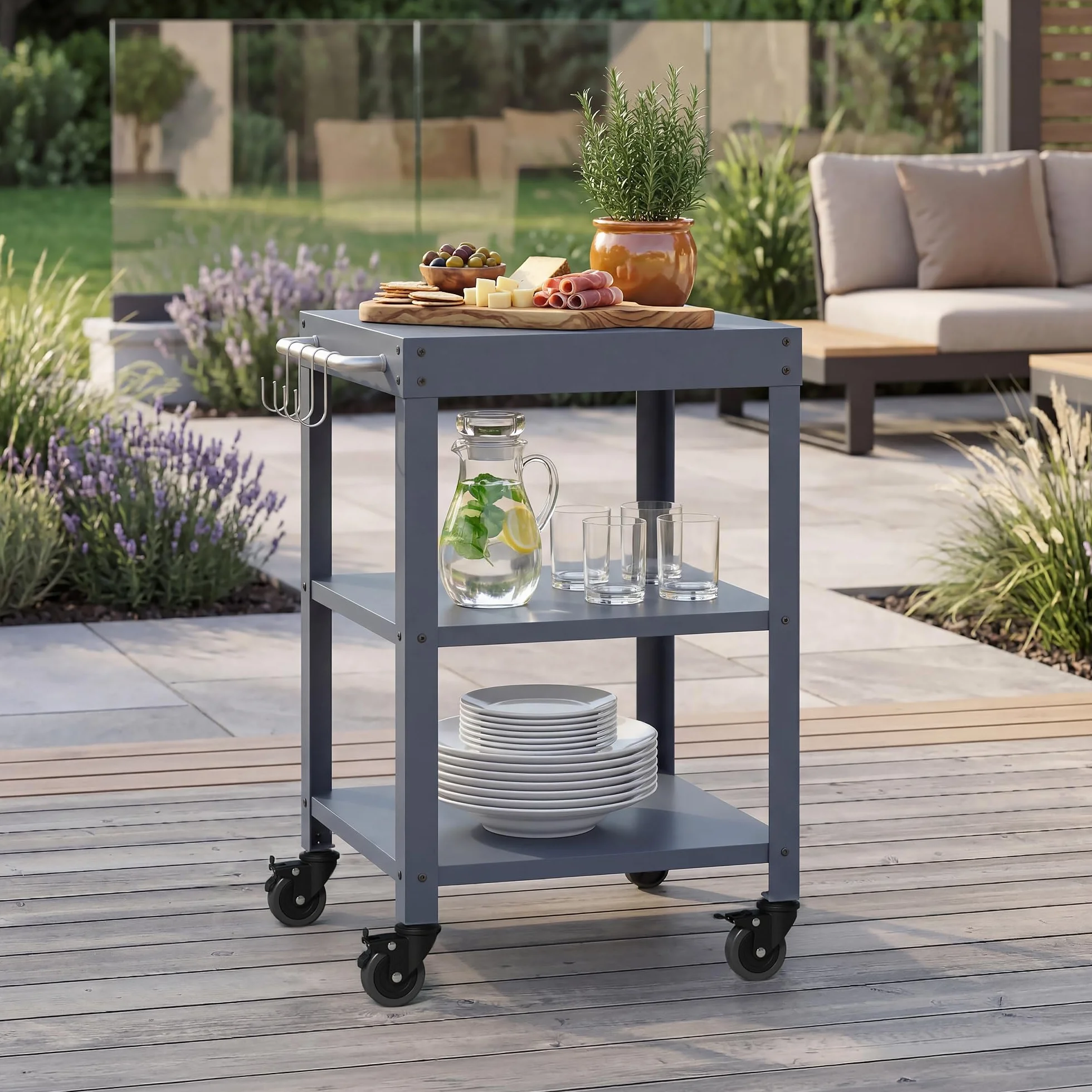 Desserte de Jardin à roulettes Bolognano Chariot de Service Extérieur Barbecue 3 Étagères 4 Crochets Métal 81 x 50 x 50 cm Gris Foncé