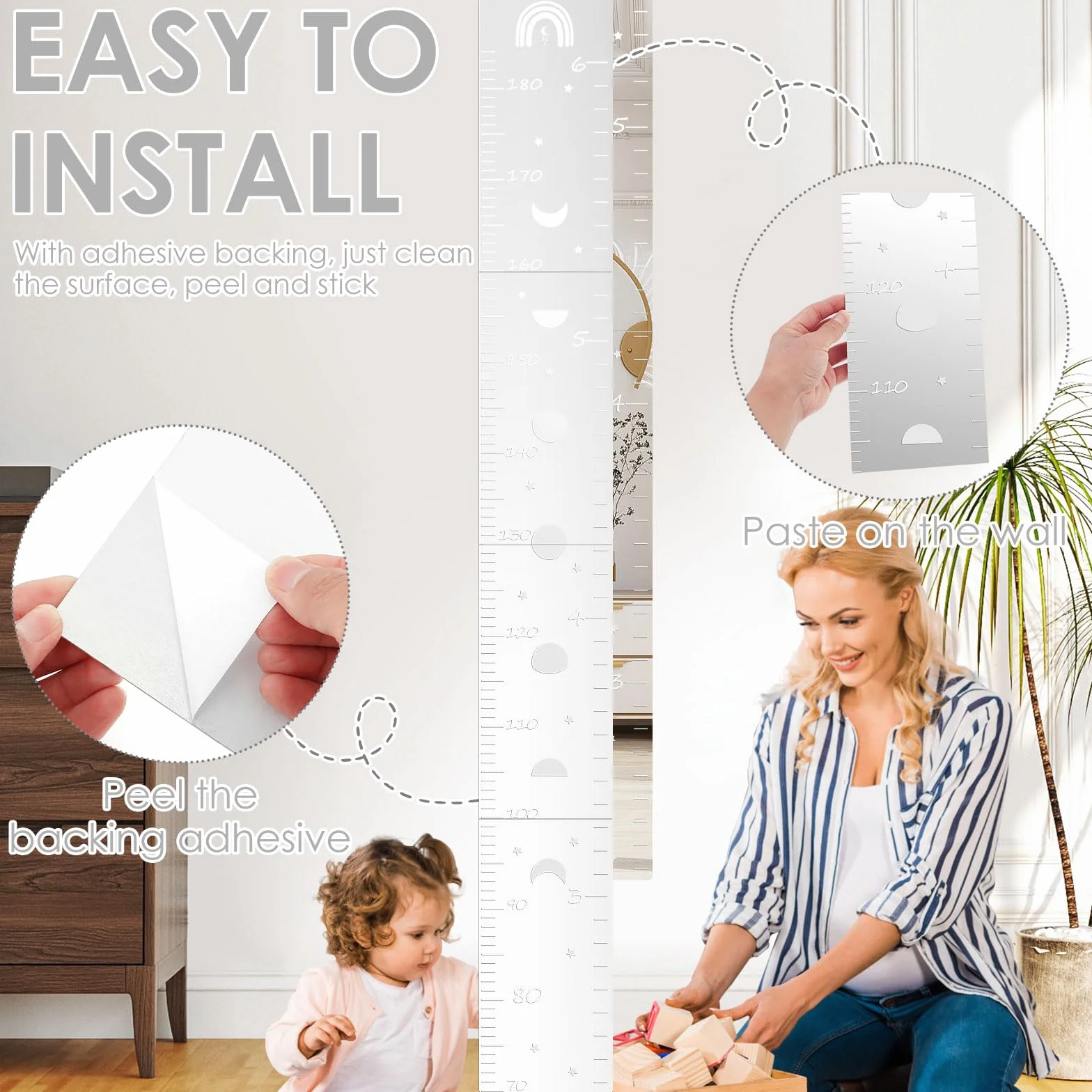 Tableau de croissance enfant 3 en 1 miroir autocollants règle souple mur puzzle hauteur