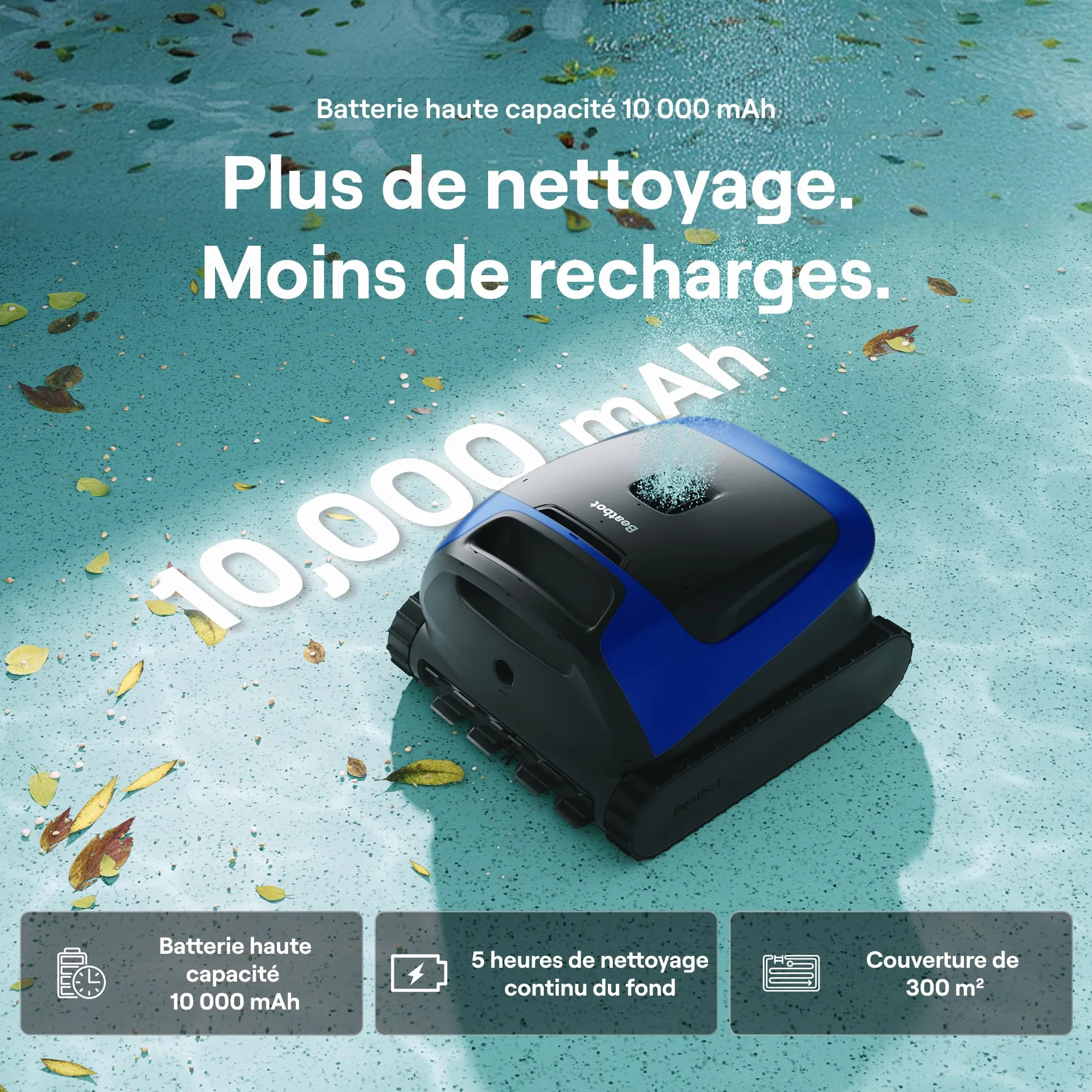 Beatbot Sora 30 Robot Piscine sans Fil, Nettoyage 3-en-1 Fond/Parois/Ligne d'eau, Filtre 5L, Aspirateur Connecté Bleu