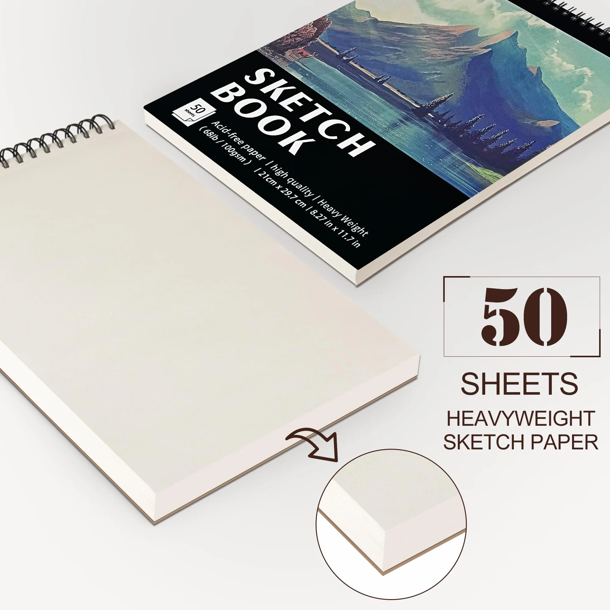 Carnet de croquis A4 reliure spirale KINSPORY 50 feuilles 100 pages 100 g/m² bloc dessin papier sans acide