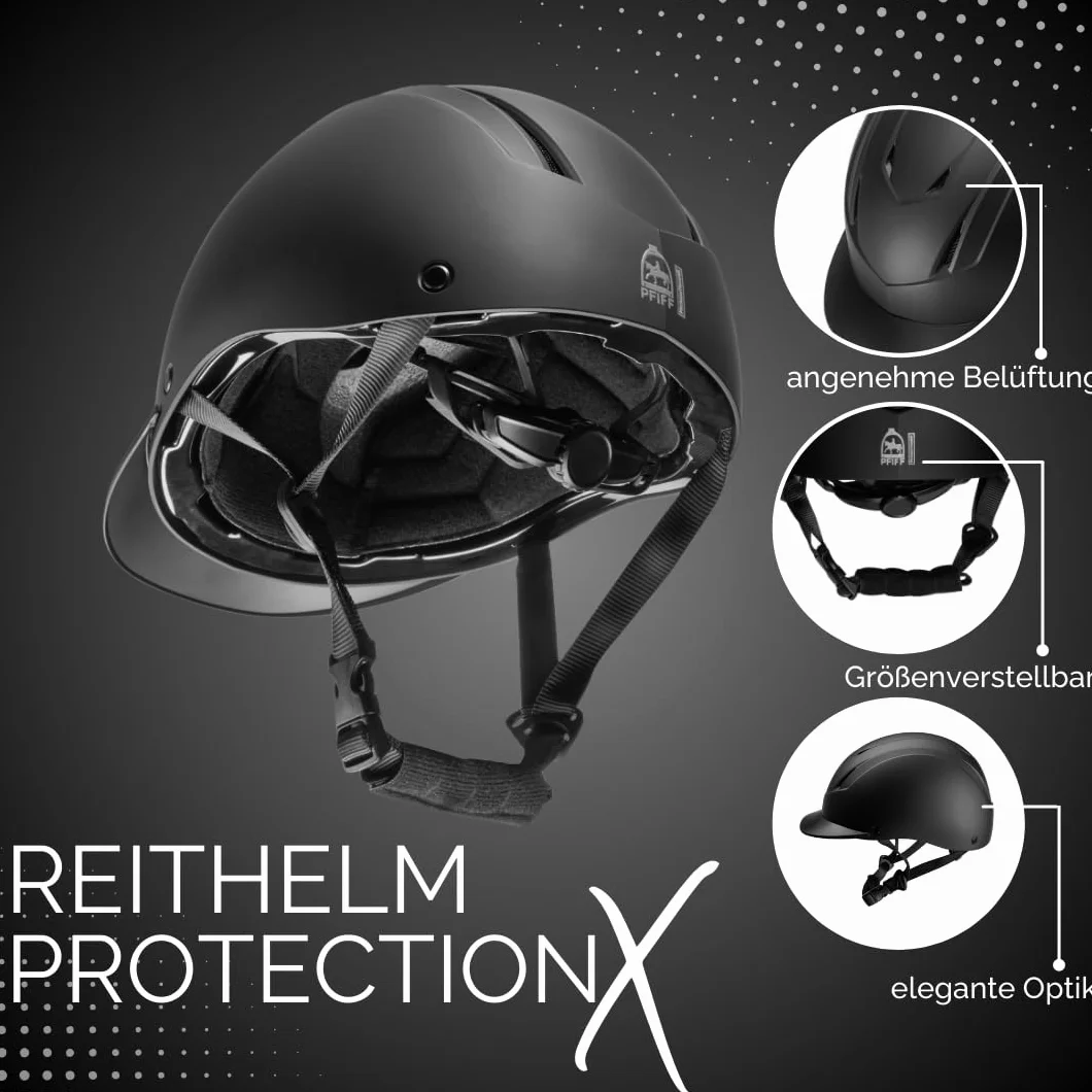 PFIFF 103119 Casque d'équitation ProtectionX pour Adulte, Taille réglable, avec système de Ventilation, Noir, Taille 52-56 cm (S) et 55-59 cm (M)